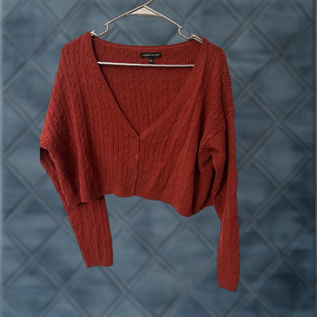 Vintage Kendall & Kylie Cable Knit V Neck Cropped Cardigan Sweater Brick Red Rust Large Size L / US 10 / IT 46 - 1 Thumbnail