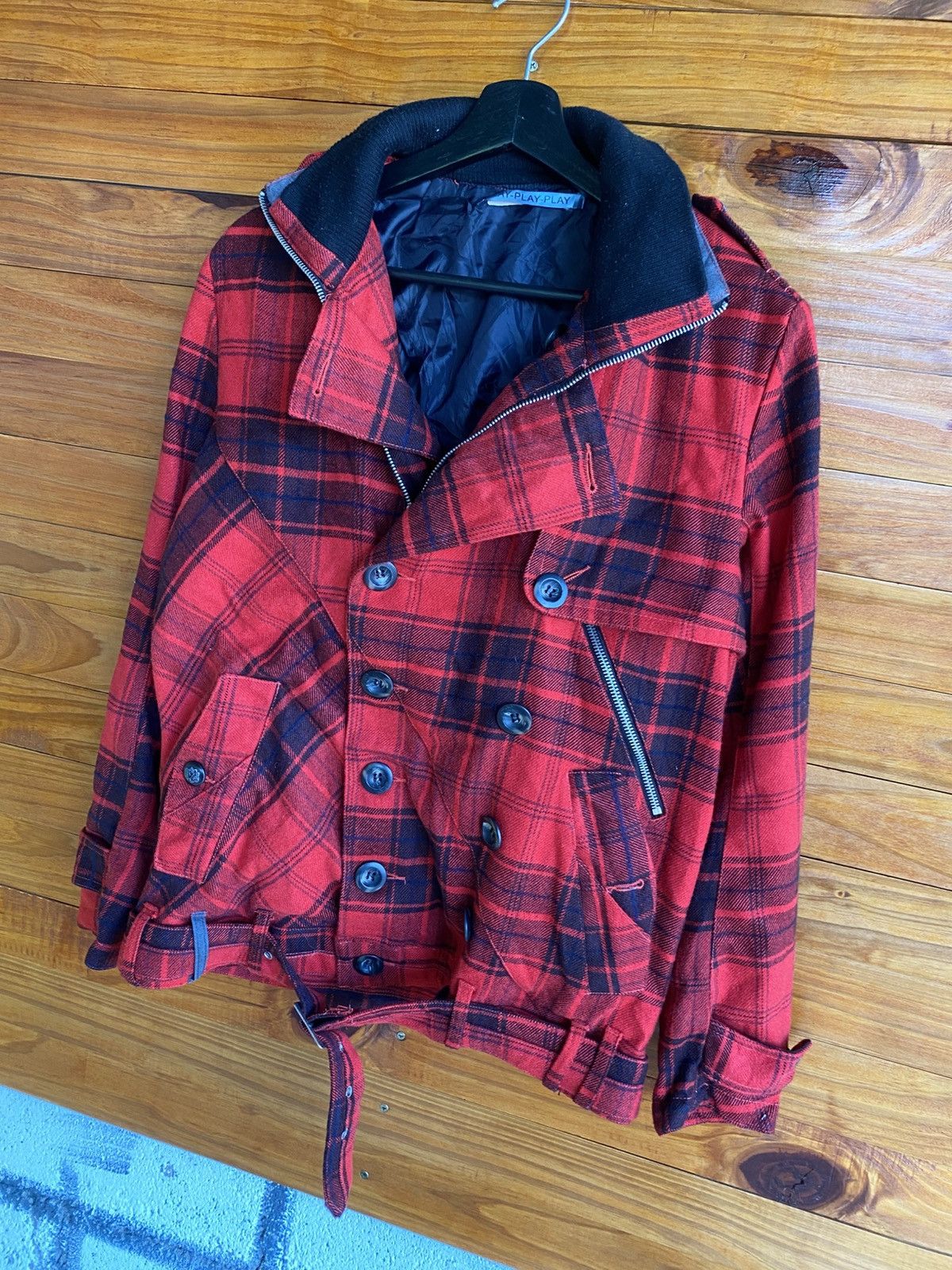 Japanese Brand Vintage 90s Play-Play-Play Red Black Plaid Wool Biker Jacket Size US M / EU 48-50 / 2 - 6 Thumbnail
