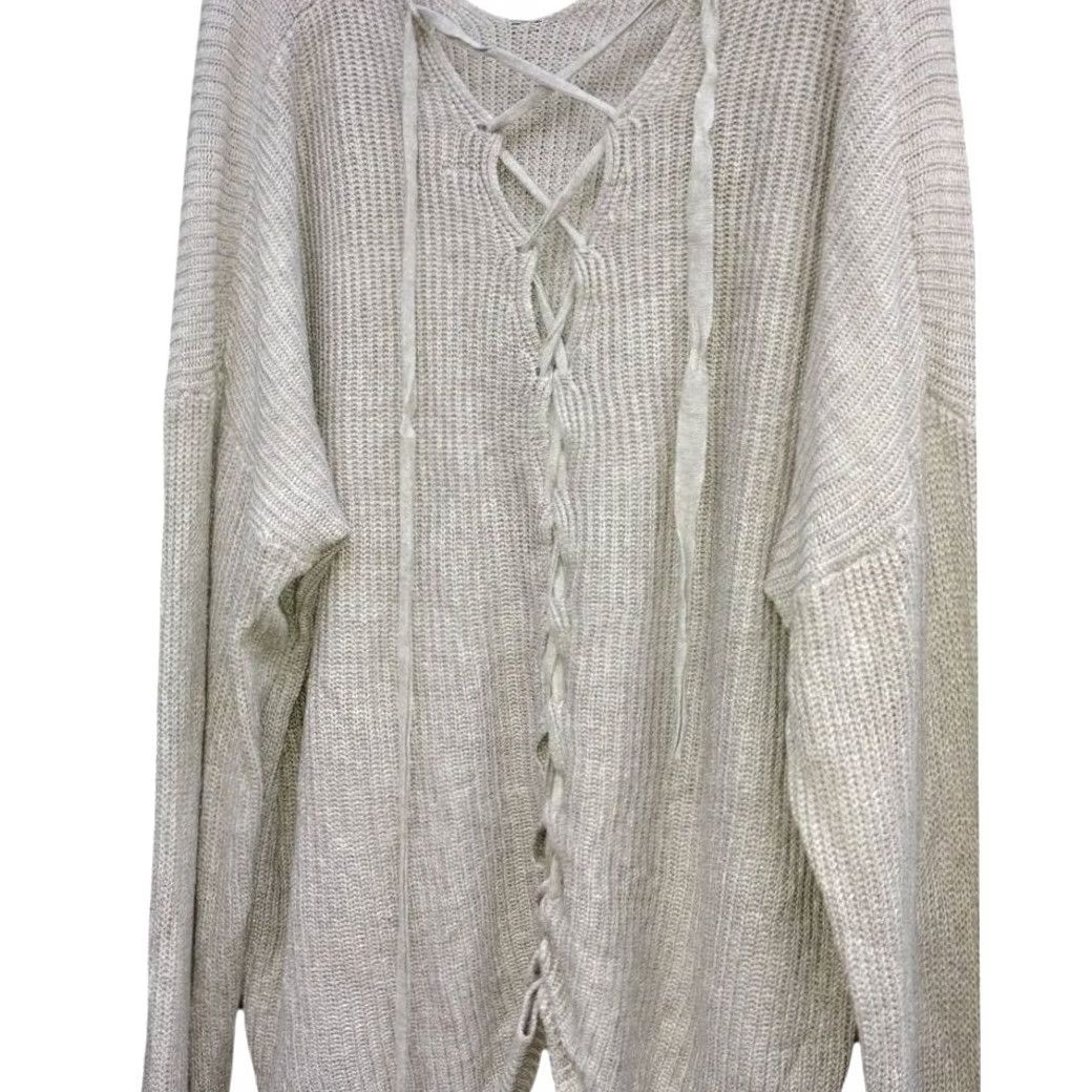 Vintage Beige Lace Up Back Ribbed Knitted Sweater Women M O Neck Scoop Neck Drop Shoulder Pullover Long Sleeve 100%Acrylic VINTAGE? Size M / US 6-8 / IT 42-44 - 2 Thumbnail