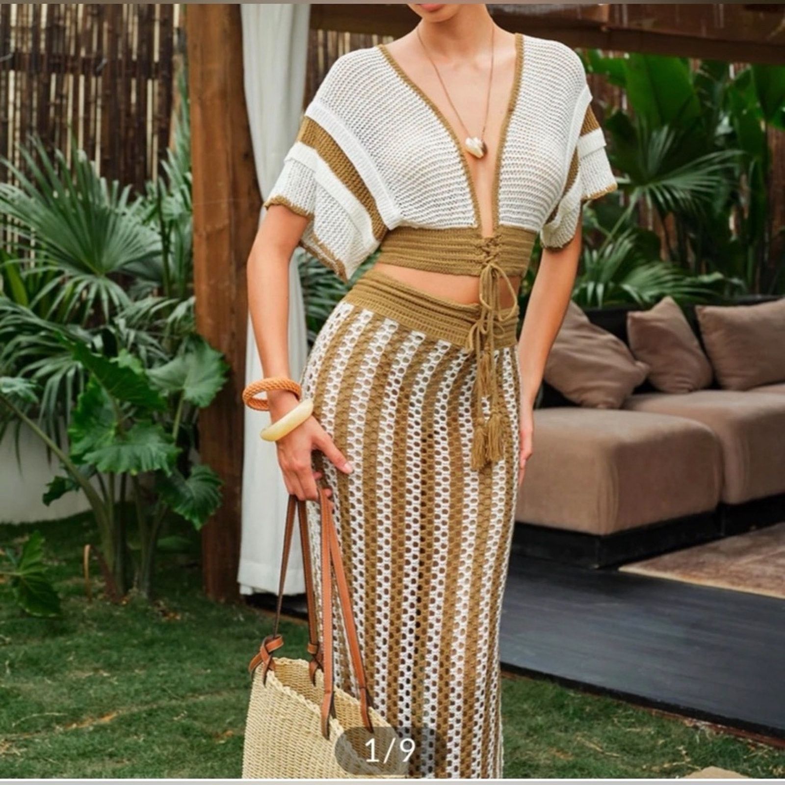Other New Chic Crochet Maxi Skirt in Tan and White one size Size 27" / US 4 / IT 40 - 3 Thumbnail