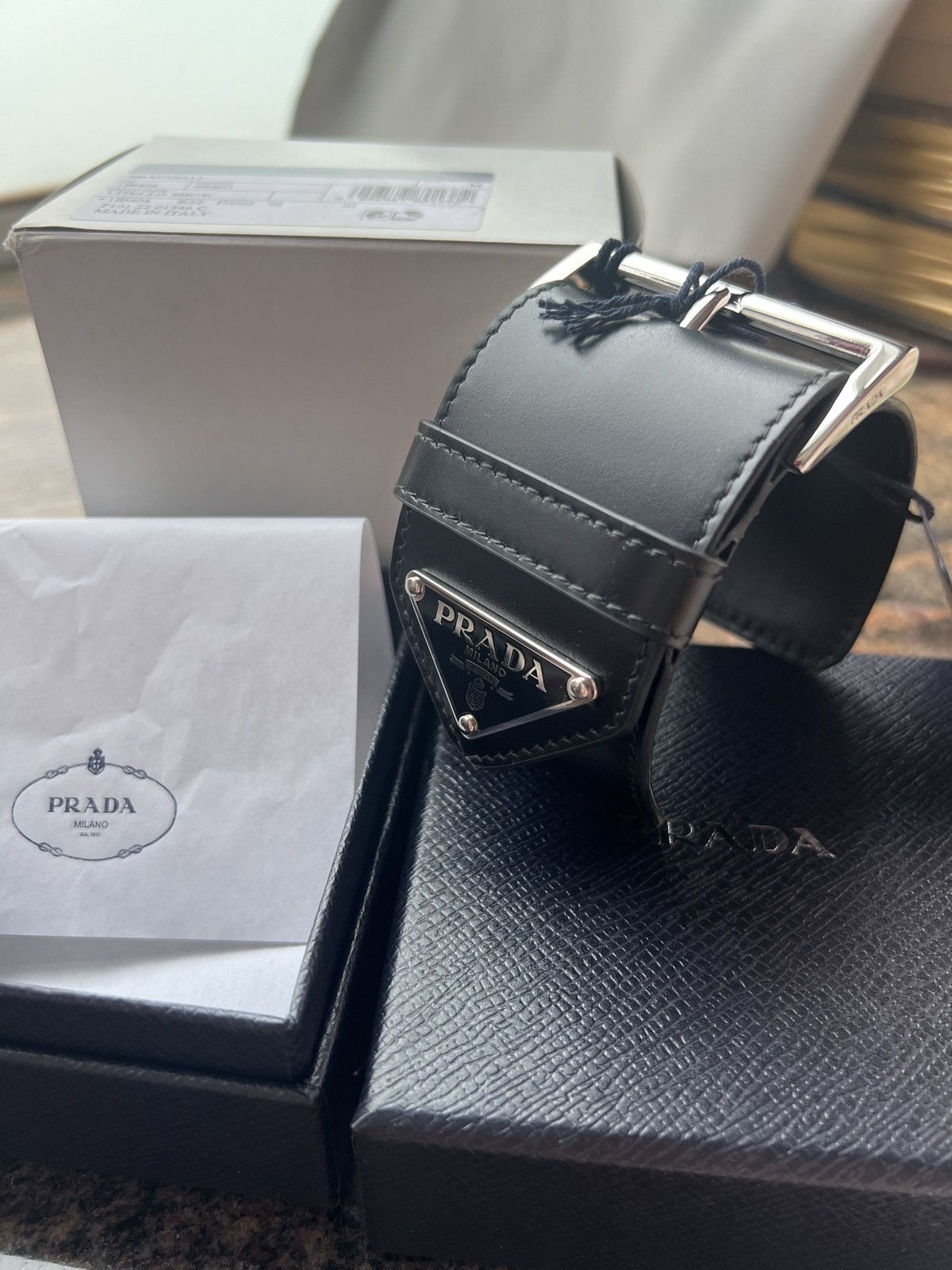 Prada Prada triangle logo leather belt buckle armcuff bracelet Size ONE SIZE - 3 Thumbnail