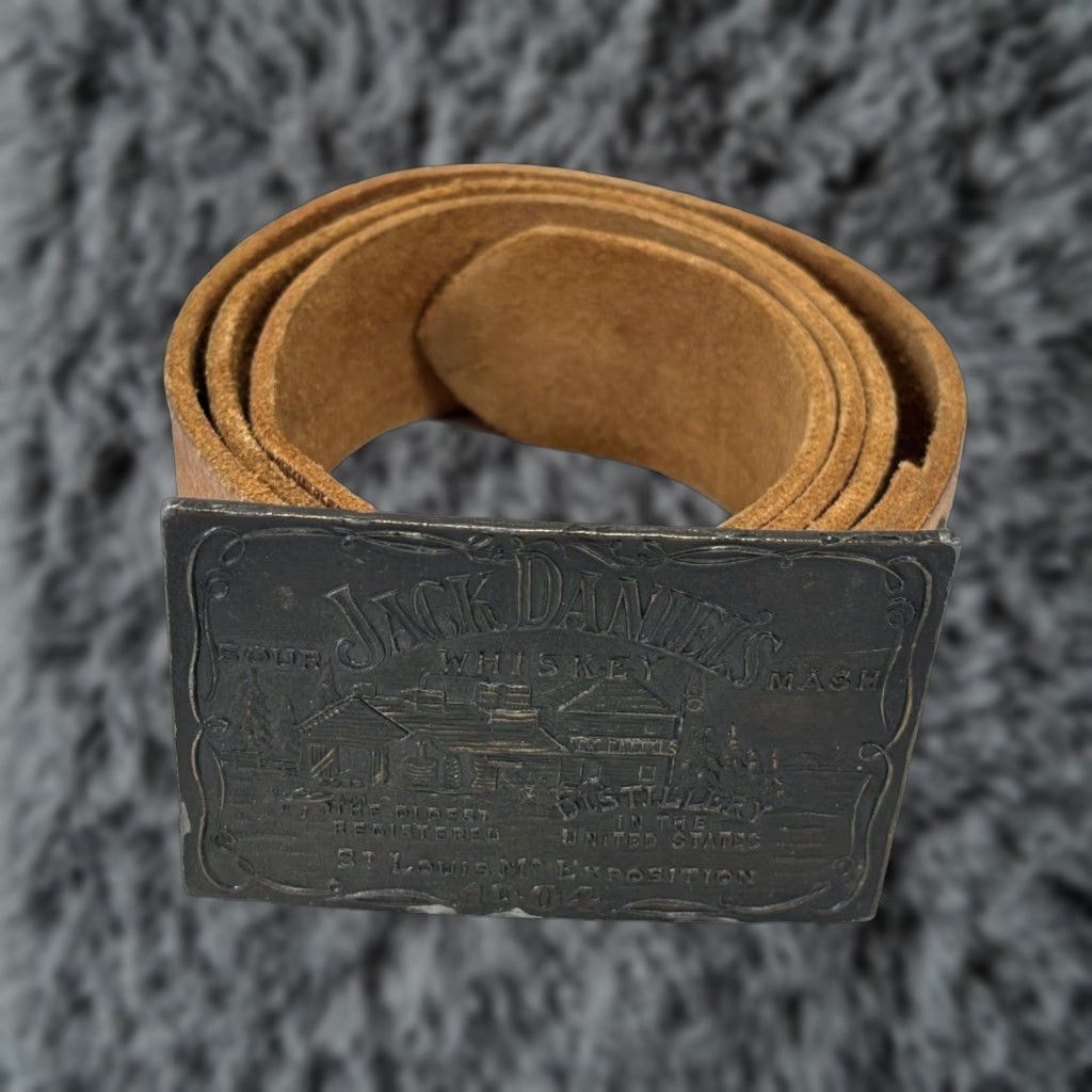 Vintage VINTAGE Jack Daniel’s Belt Buckle & Brown Leather Belt - Men’s (Size 35-40”) Brown, Rockabilly, 1970s, Food & Drink, Original Mens Belt Set Size ONE SIZE - 1 Thumbnail