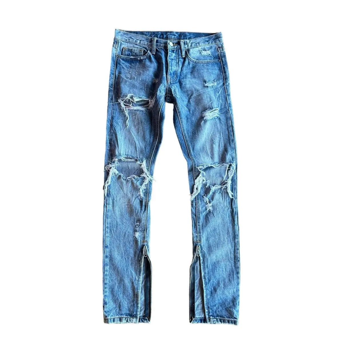 image of Distressed Denim x Gallery Dept Destroyed Vintage Mnml Jeans Zipper Legs Denim Pants in Blue (Size 