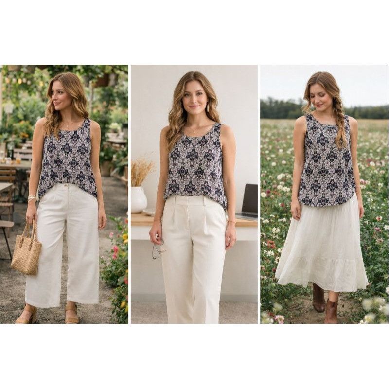 Other Naïf Women Sleeveless Floral Top Navy Beige L Boho Quiet Lux Size L / US 10 / IT 46 - 1 Thumbnail