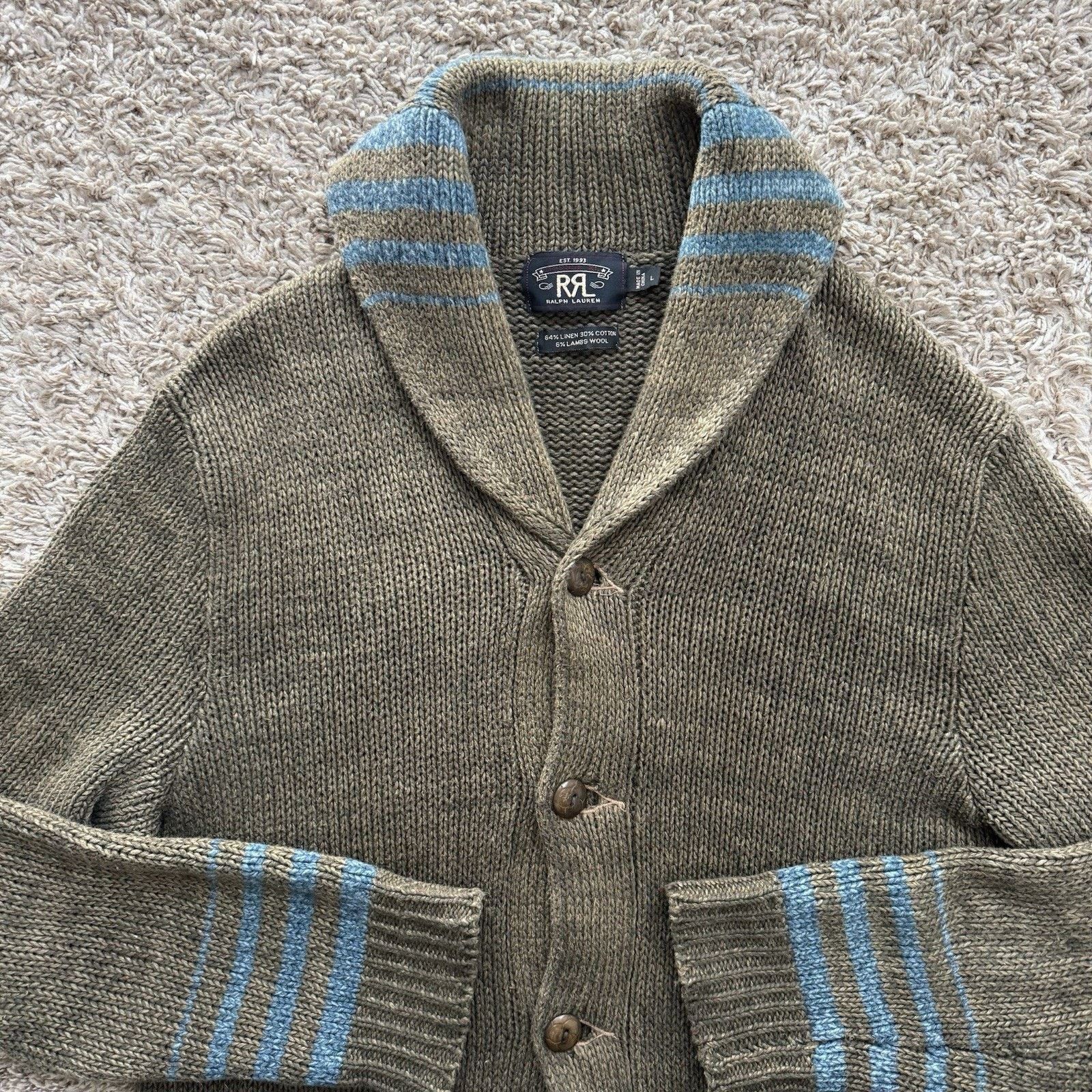 RRL Ralph Lauren × Ralph Lauren RRL Ralph Lauren Shawl Collar Cardigan Sweater Brown Linen Size US L / EU 52-54 / 3 - 11 Thumbnail