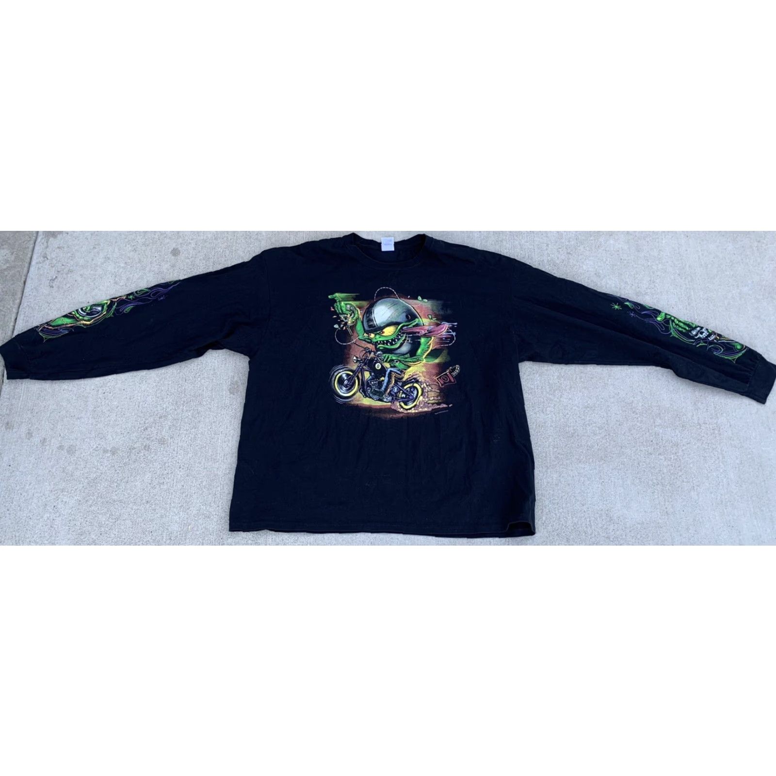 Vintage Just Leathers San Jose T-Shirt Long Sleeve Graphic Print 3XL Black Cotton Mens Shirt Crew Neck Biker Theme Size US XXL / EU 58 / 5 - 7 Thumbnail