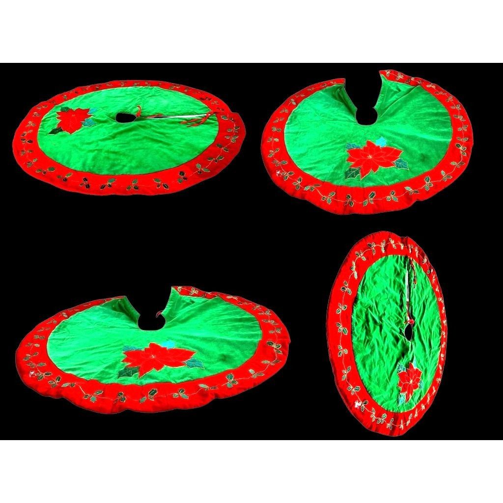 Vintage VTG Poinsettia Christmas Tree Skirt Red Green Holly Embroide Size ONE SIZE - 7 Thumbnail