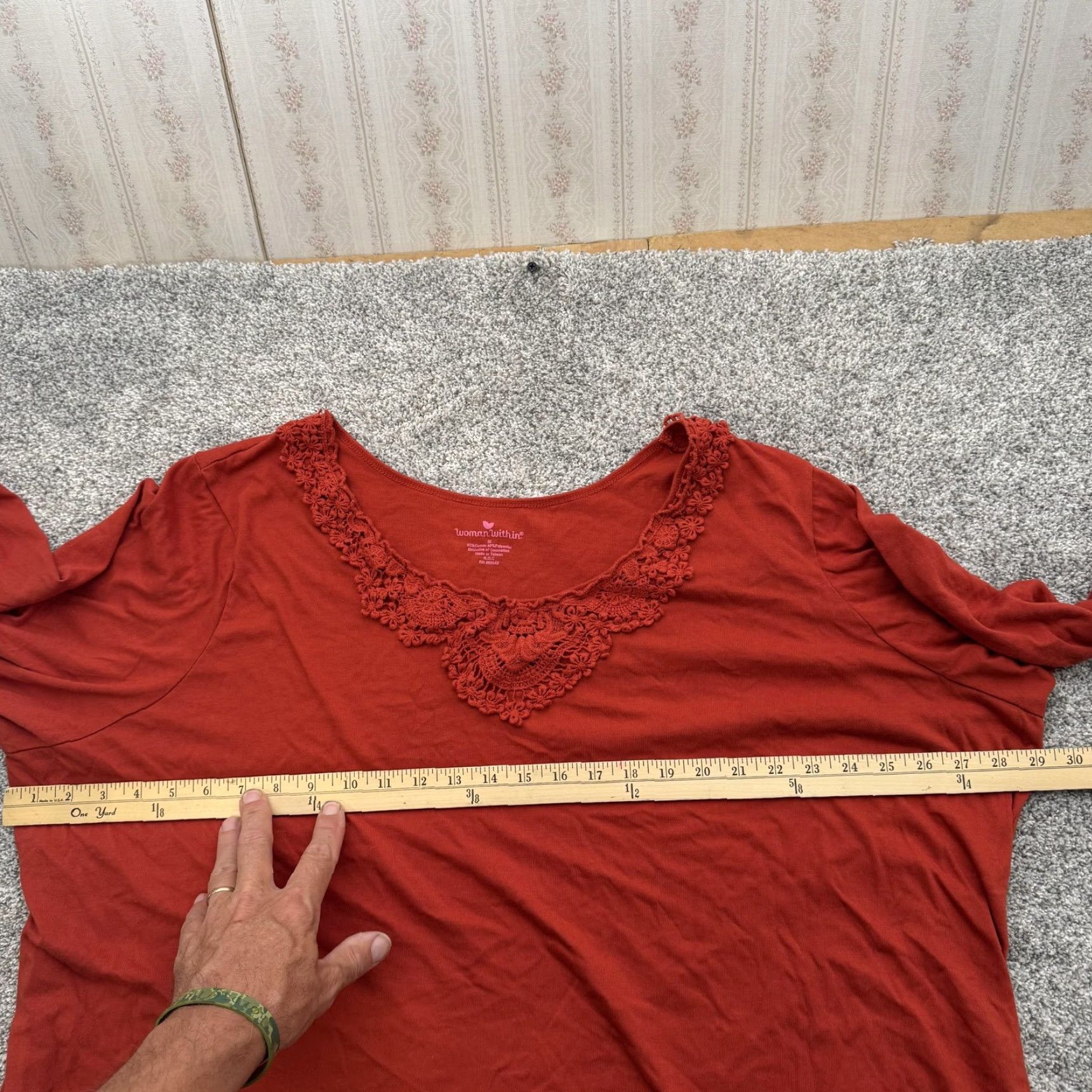 Vintage Woman Within Shirt Womens 3X Plus Size Red Crochet Neckline 3/4 Sleeve Top Size XXL / US 16-18 / IT 52-54 - 3 Thumbnail
