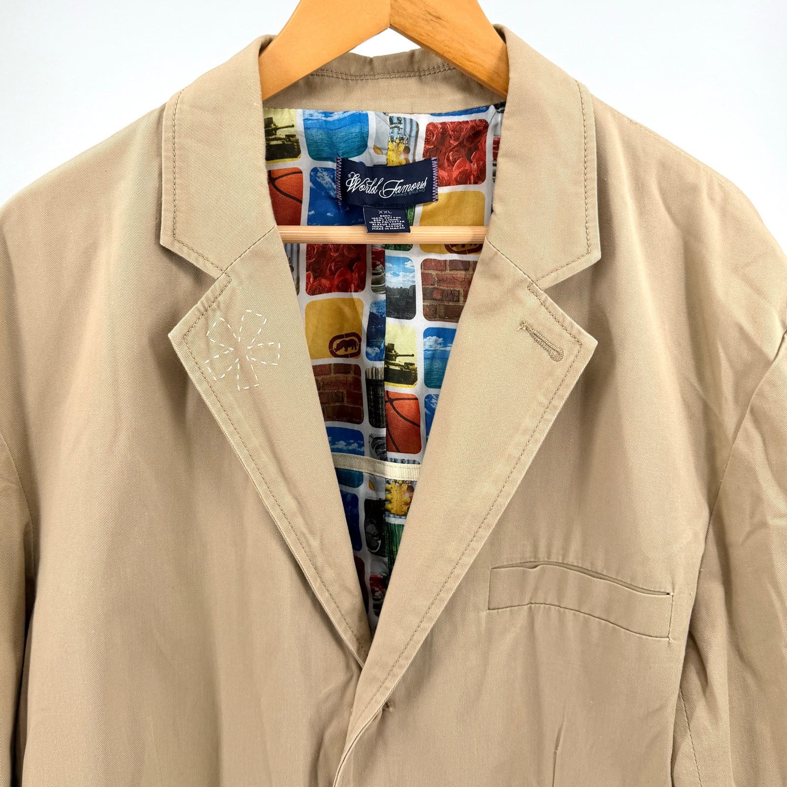 Marc Ecko Vintage Y2K Tan 100% Cotton Graphic Lining Rhino Blazer Size 44R - 2 Thumbnail
