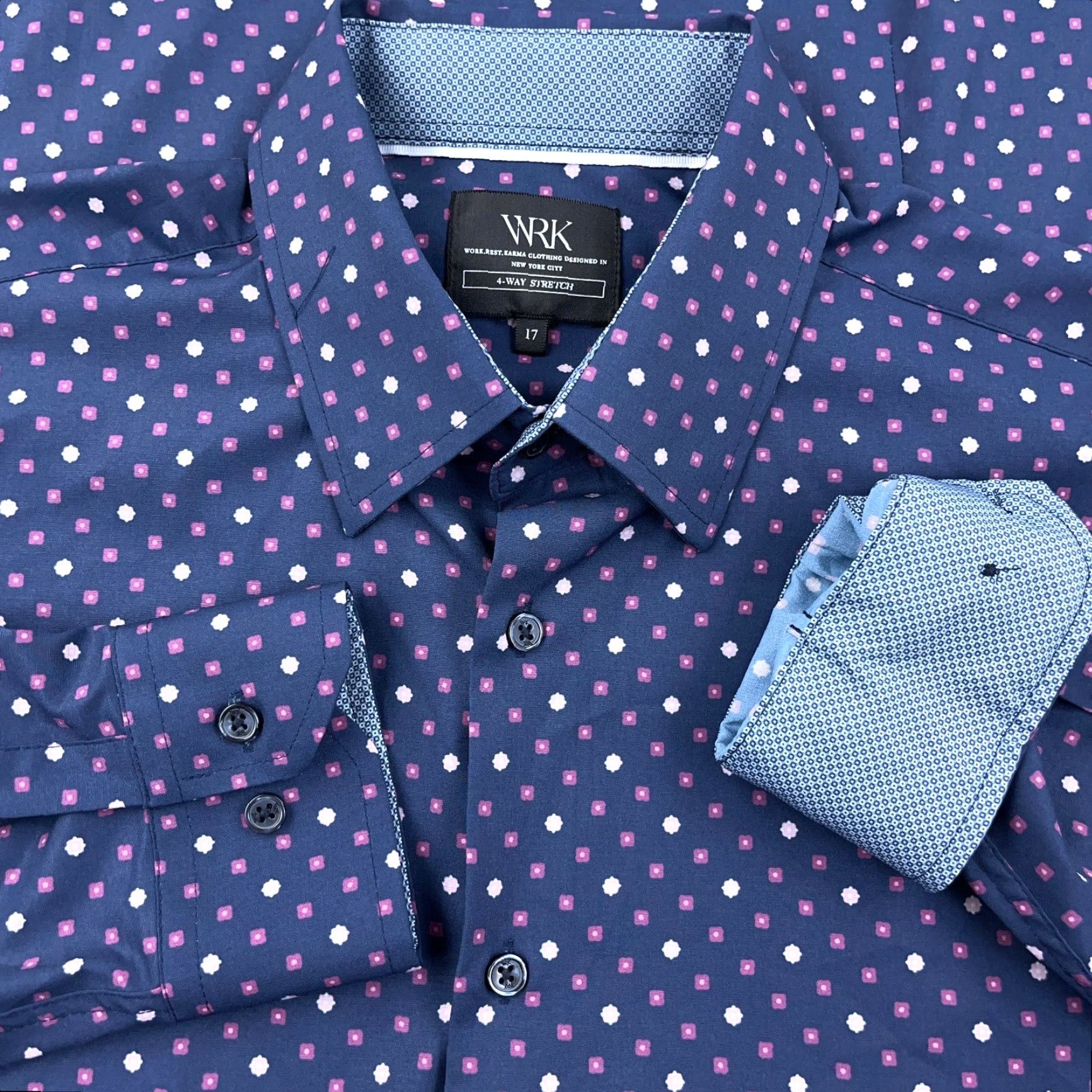 Vintage WRK Shirt Men XL Blue Pink Button Up Spotted Performance Flip Cuff Rest Karma Size US XL / EU 56 / 4 - 2 Thumbnail