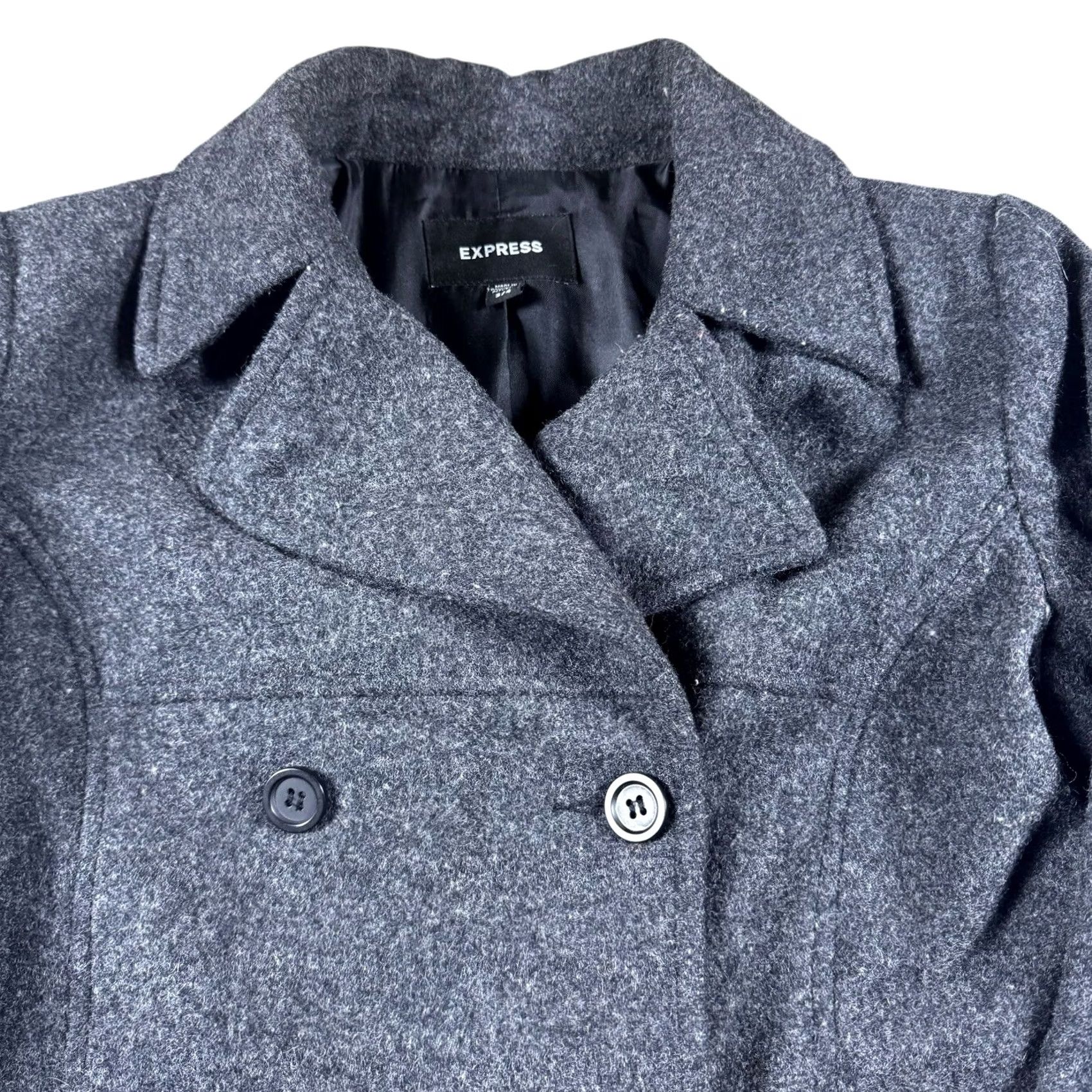 Express Express Women’s Pea Coat Jacket Wool 3/4 Double Breasted Wool Winter Heavy Gray Tweed Regular Long Sleeve Collared Lined Pockets Insulated - Mens? Size S / US 4 / IT 40 - 3 Thumbnail