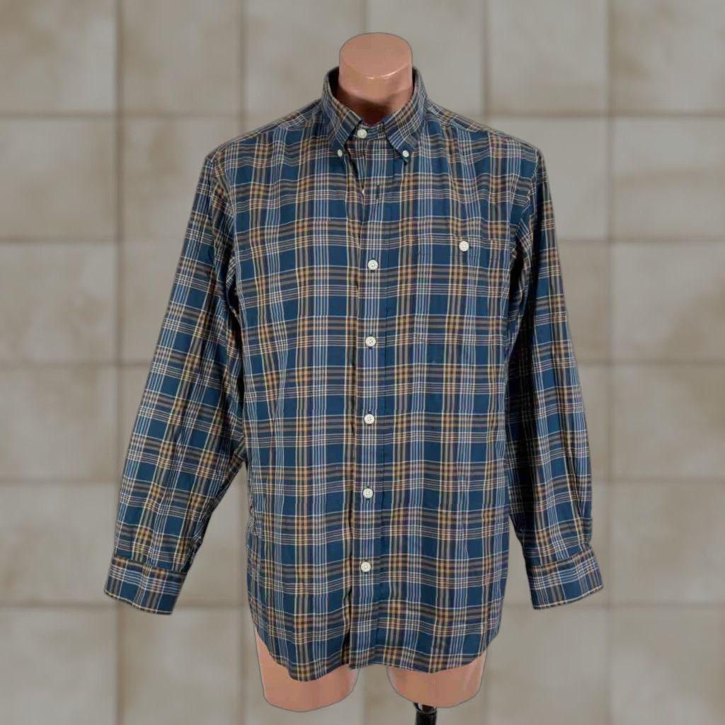 Vintage Orvis Dress Shirt Mens Plaid Cotton Button-Down Shirt Large Classic Multicolor Blue Embroidered Pockets 90’s Retro Casual Mens (Size 42R)