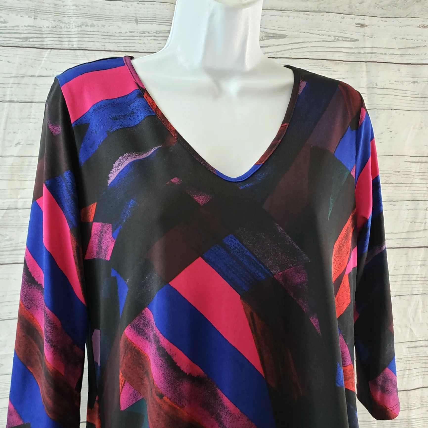 Pinko Clara Sun Woo Womens Asymmetrical Top XS Black Pink 3/4 Sleeve V-Neck Blouse Tops Womens XS Black Pink Colorful Decade - Size XS / US 0-2 / IT 36-38 - 2 Thumbnail