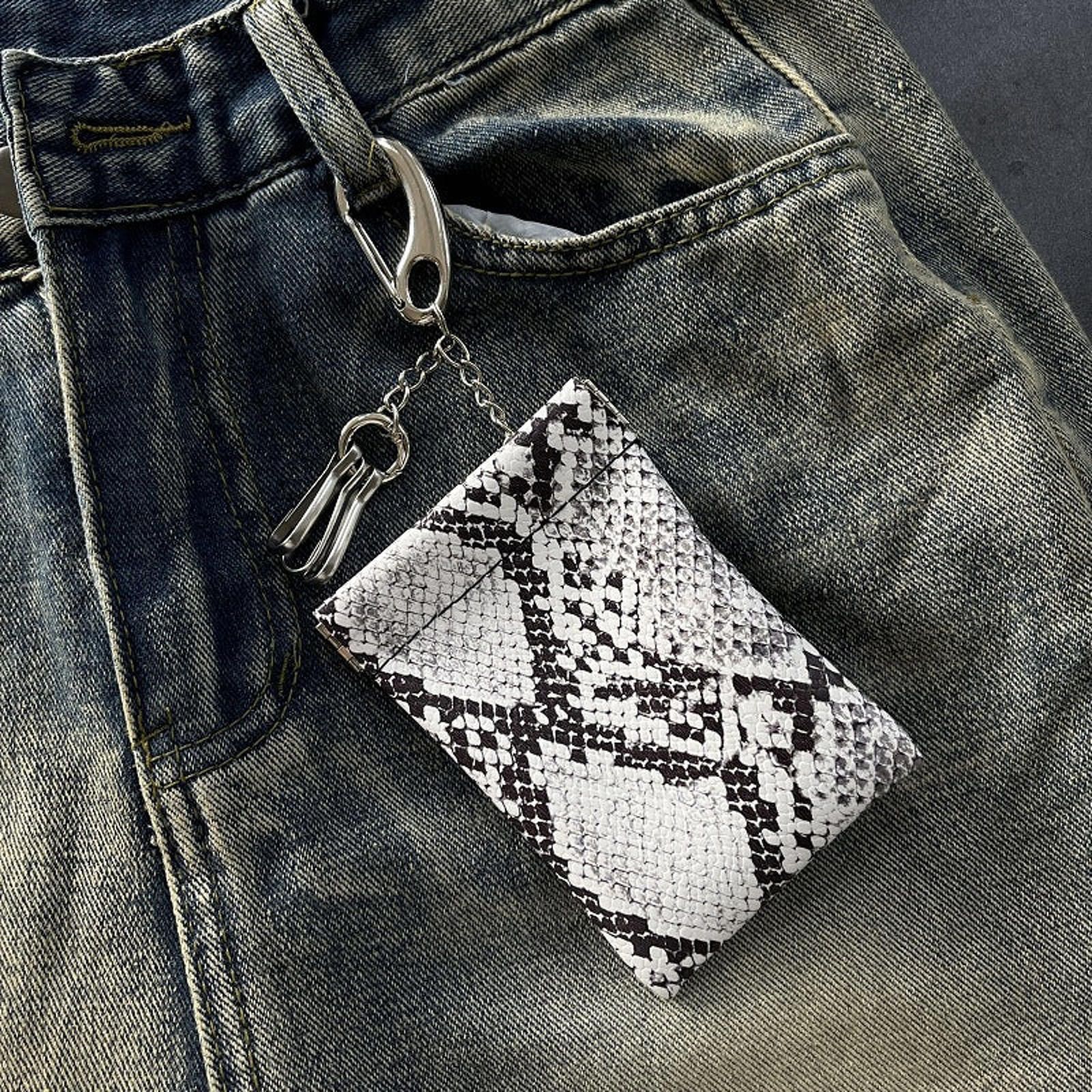 Jewelry Black White Snakeskin Print Keychain Wallet, Compact Wallet Size ONE SIZE - 1 Thumbnail