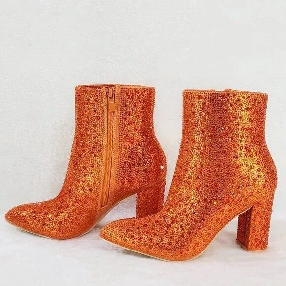 Other Crystel Orange Rhinestone Block Heel Sparkling Ankle Boots ( Size US 7.5 / IT 37.5 - 5 Thumbnail