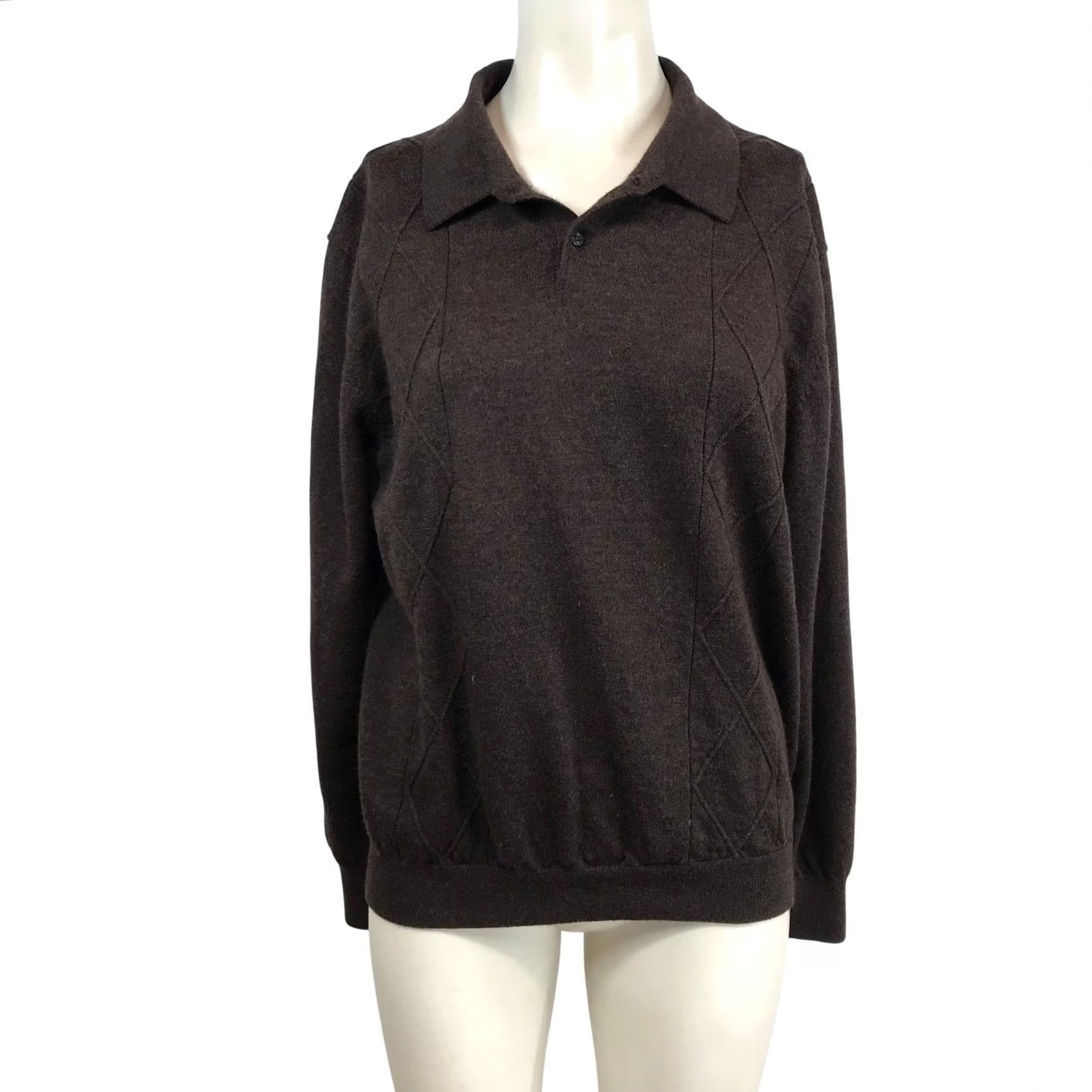 Perry Ellis Perry Ellis Brown 100% Merino Wool Long Sleeve Polo Sweater Diamond Knit Large Size L / US 10 / IT 46 - 2 Thumbnail
