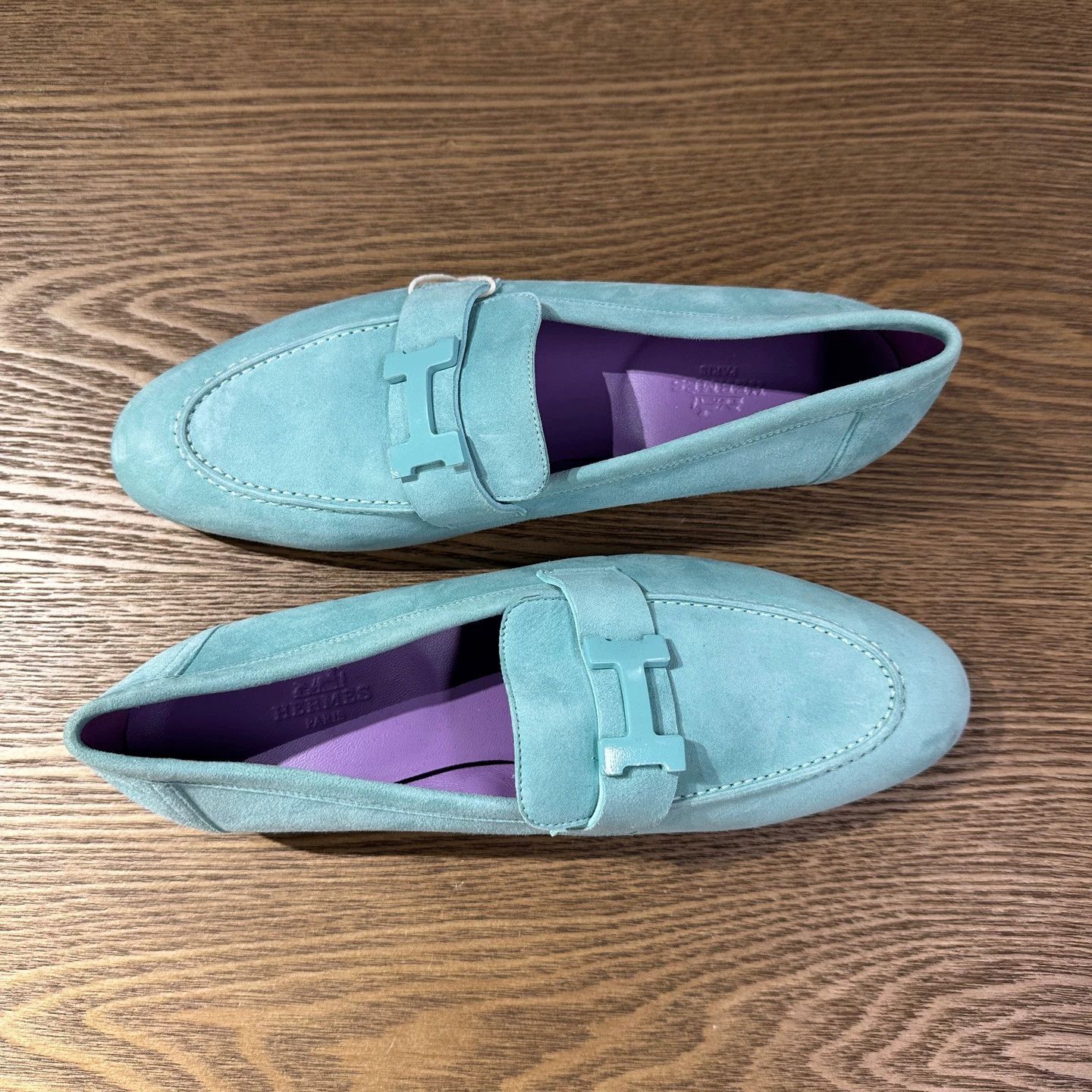 Hermes Hermes jan1040 suede loafers sea foam green 38 Size US 7 / IT 37 - 3 Thumbnail