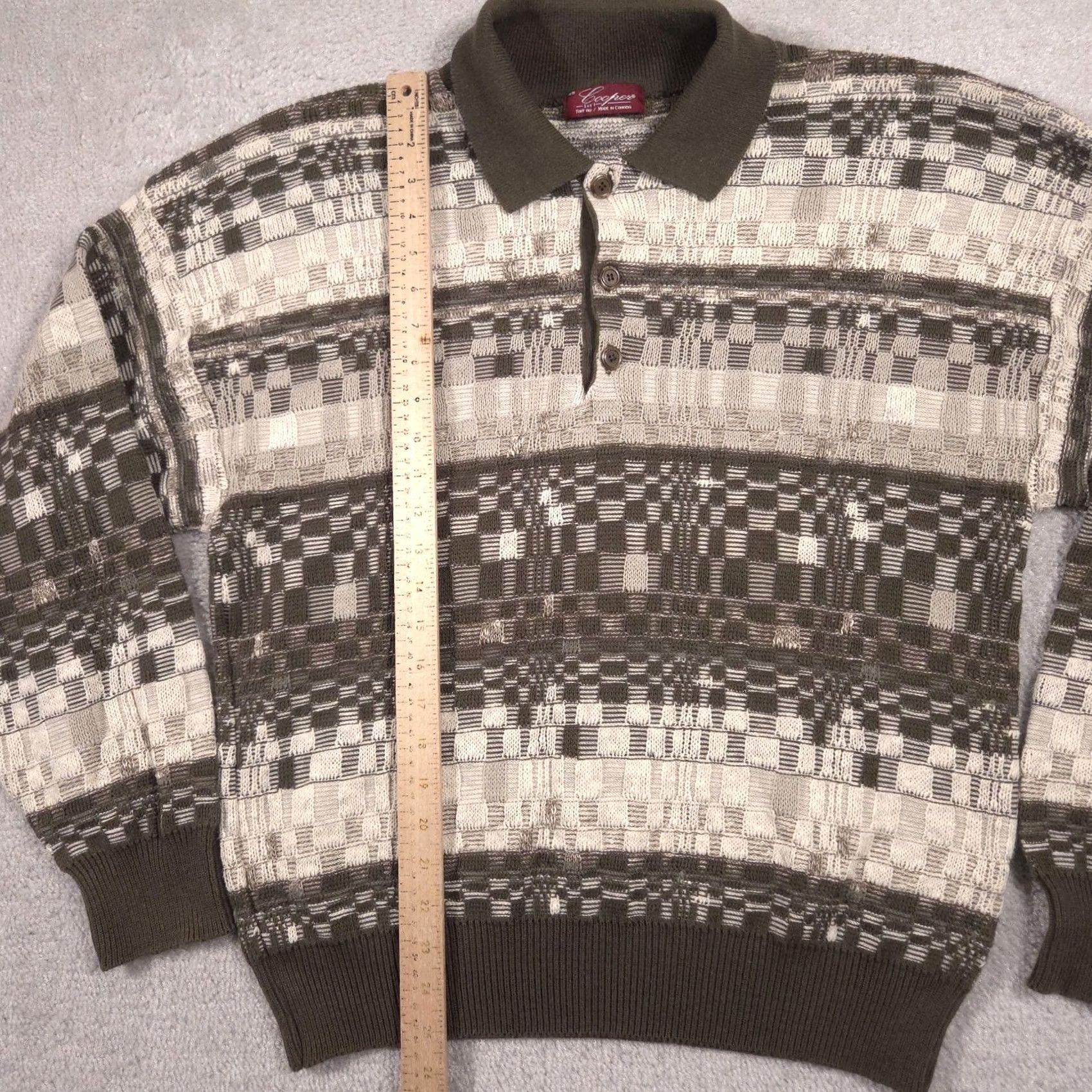 Vintage Cooper Mens Medium Green Geometric Polo Collar Henley Knit Pullover Sweater Size US M / EU 48-50 / 2 - 7 Thumbnail