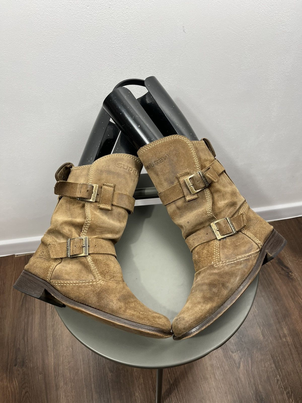 Superdry distressed suede buckle boots in brown