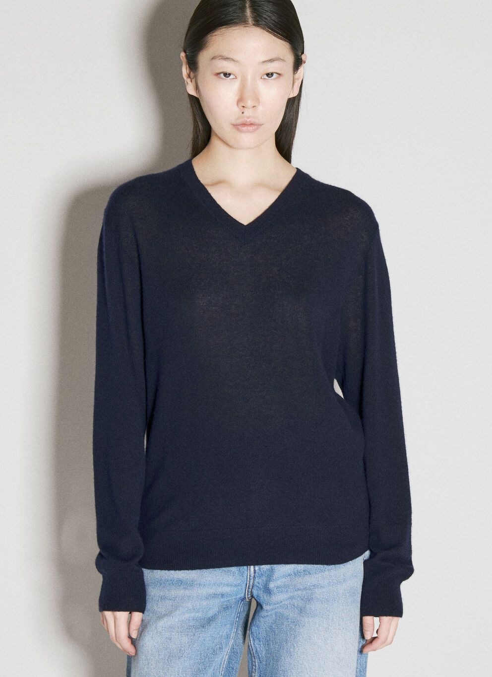 image of Saint Laurent Paris Cashmere-And-Silk V-Neck Sweater in Blue, Women's (Size Small)