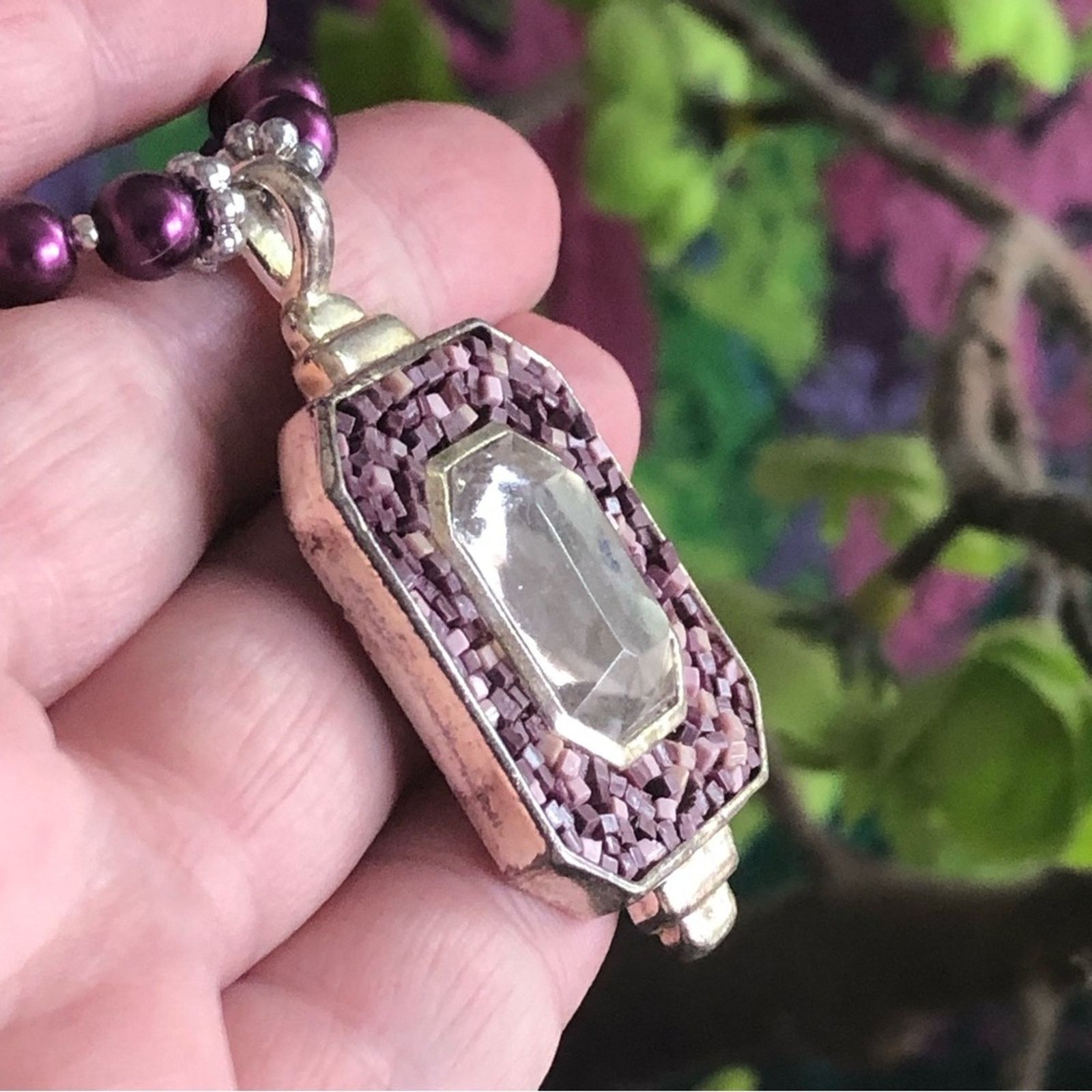 Handmade Handcrafted repurpose vintage mosaic pendant Pearl necklace Size ONE SIZE - 10 Thumbnail