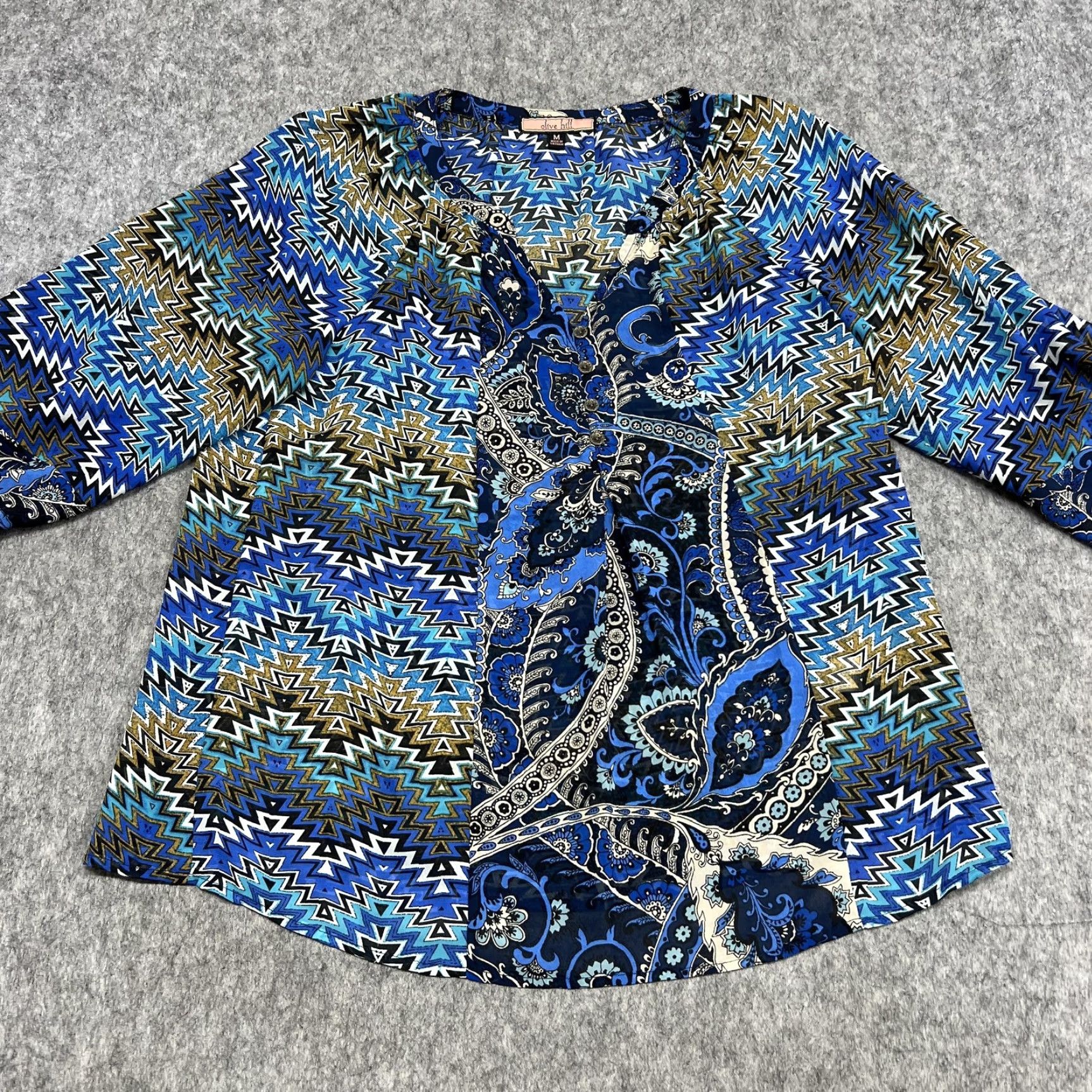 Vintage Olive Hill Blouse Womens M Blue Paisley Chevron V-Neck 3/4 Sleeve Tunic Top Size M / US 6-8 / IT 42-44 - 4 Thumbnail