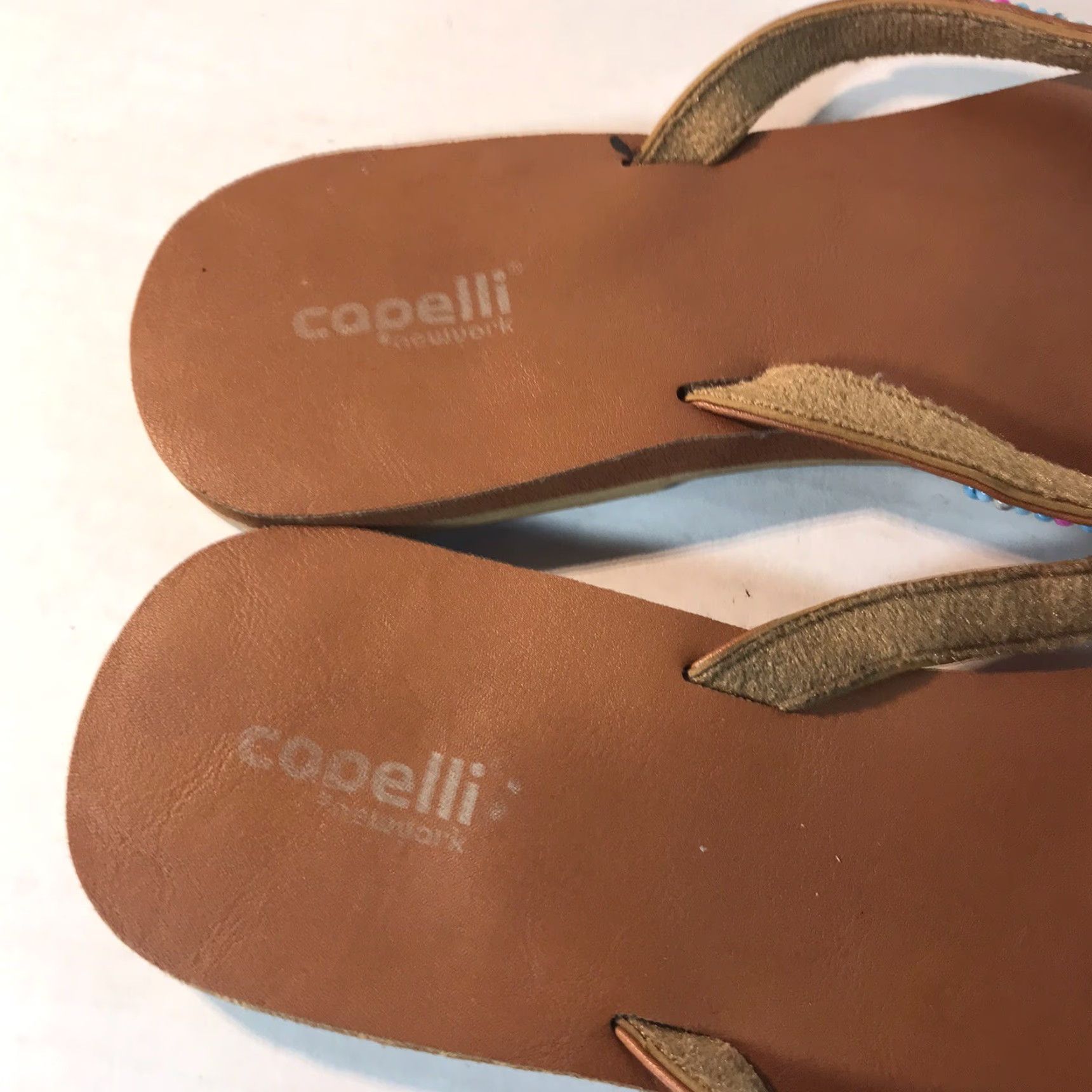 Vintage Capelli New York Women's Leather Flip Flops Size 10 Brown Beaded Boho Casual Sandals Size US 10 / IT 40 - 2 Thumbnail