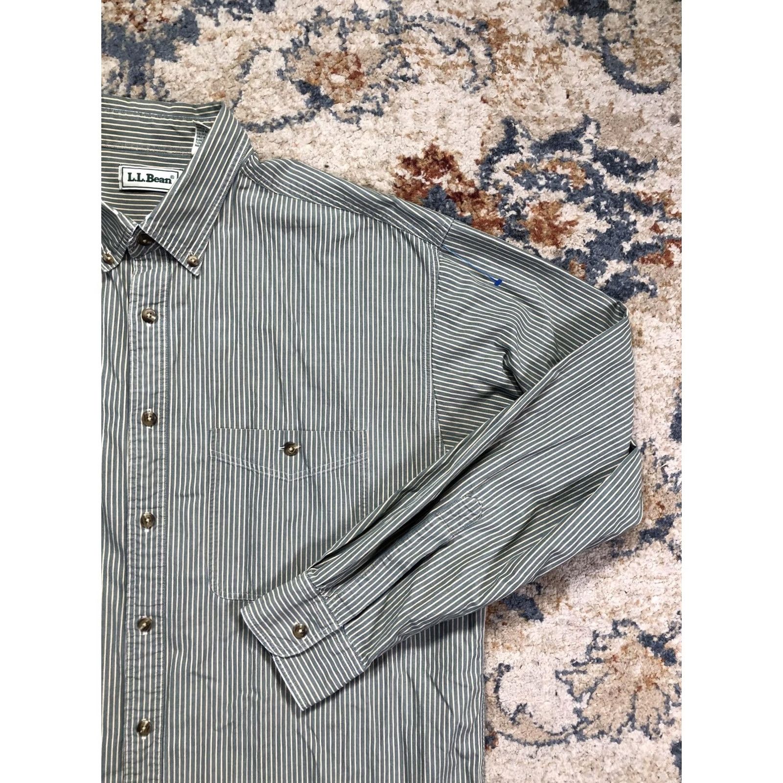 Vintage L.L.Bean Shirt Mens Large Green White Stripe Long Sleeve Button Down Cotton Size US L / EU 52-54 / 3 - 4 Thumbnail