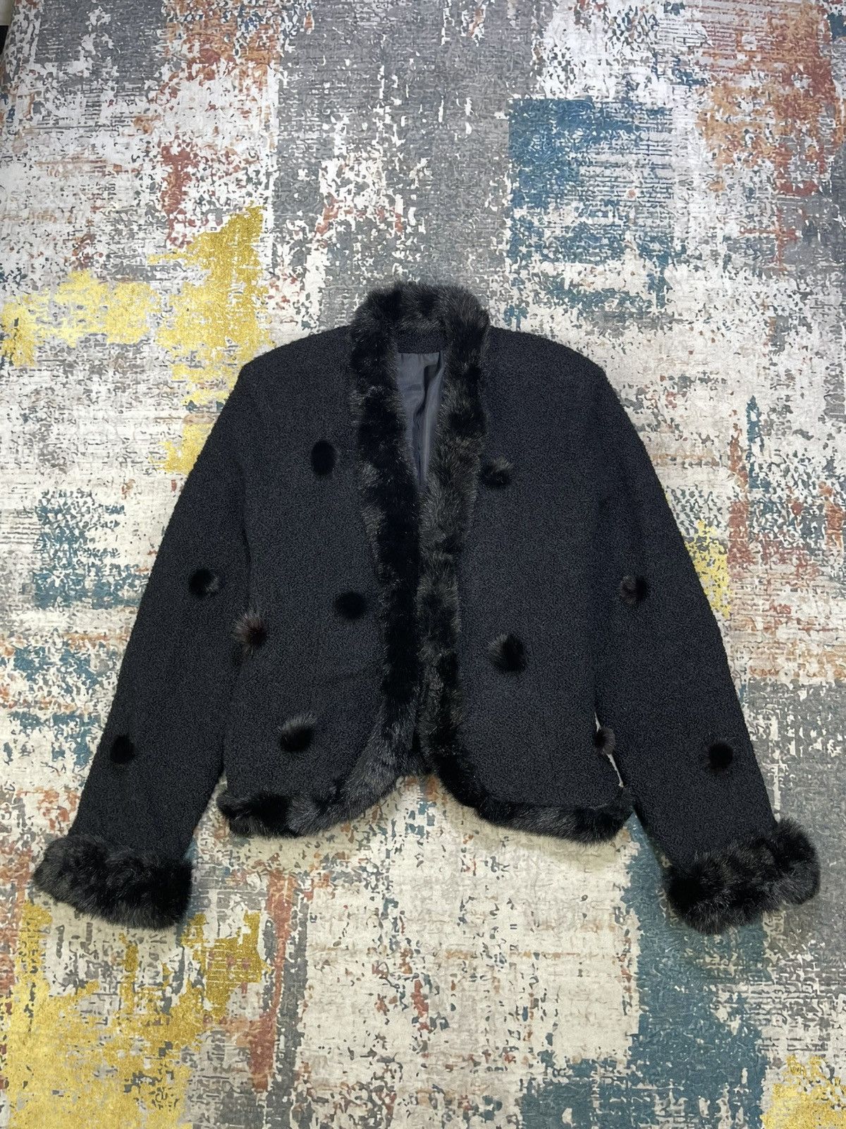 Japanese Brand Boucle Plush Fur Trim Scattered Pom-Poms Jacket Size L / US 10 / IT 46 - 1 Thumbnail