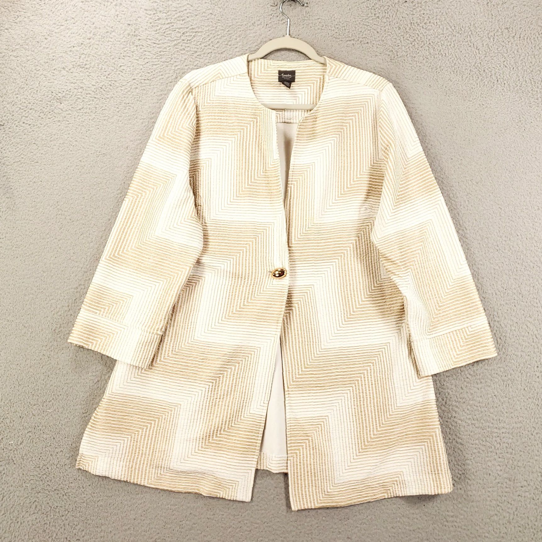 Vintage Chico's Cardigan Womens Large Tan White Geometric Single Button Travelers 2 Size L / US 10 / IT 46 - 2 Thumbnail