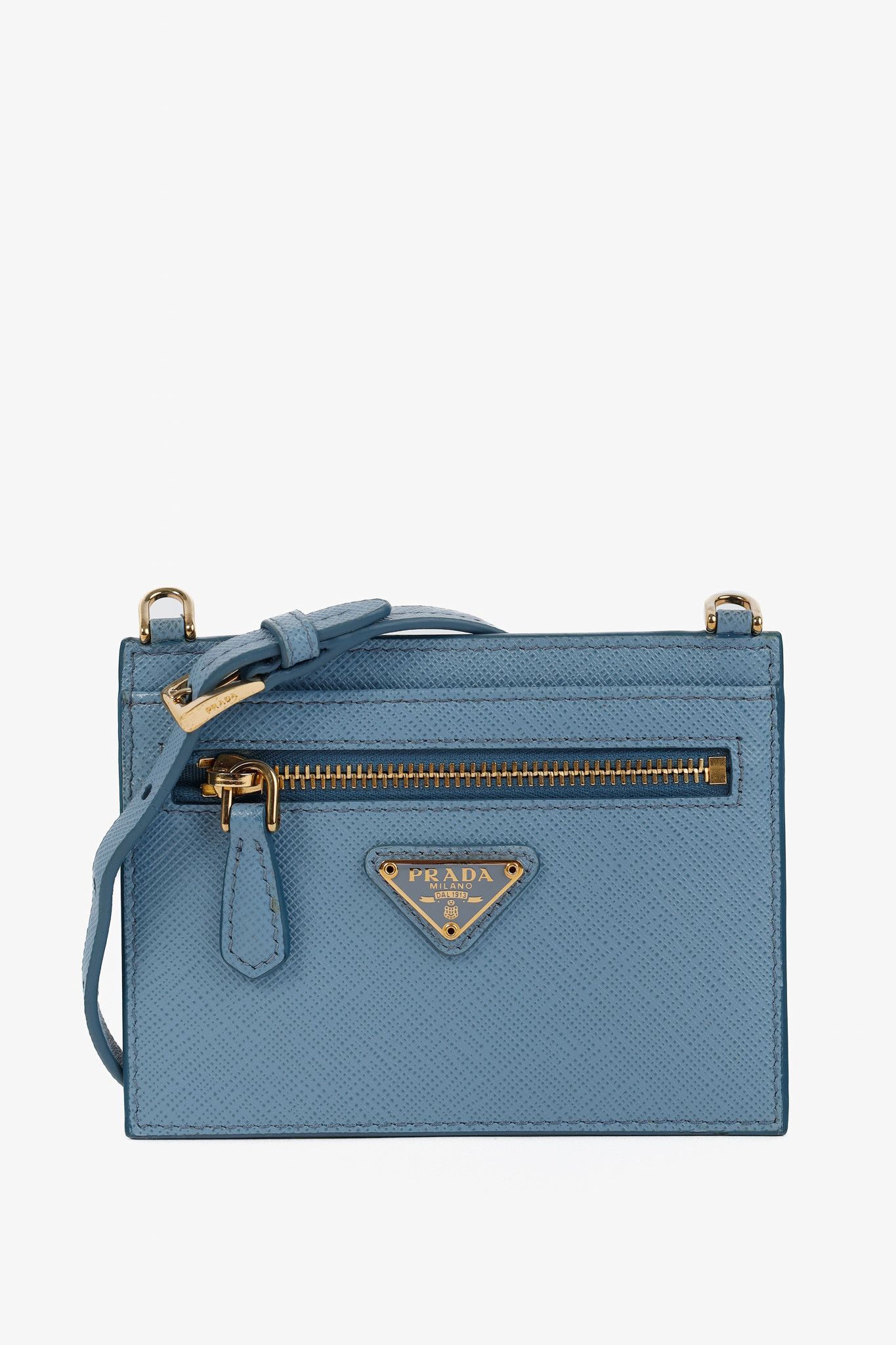 Prada Blue Saffiano Leather Shoulder-Strap Card Holder
