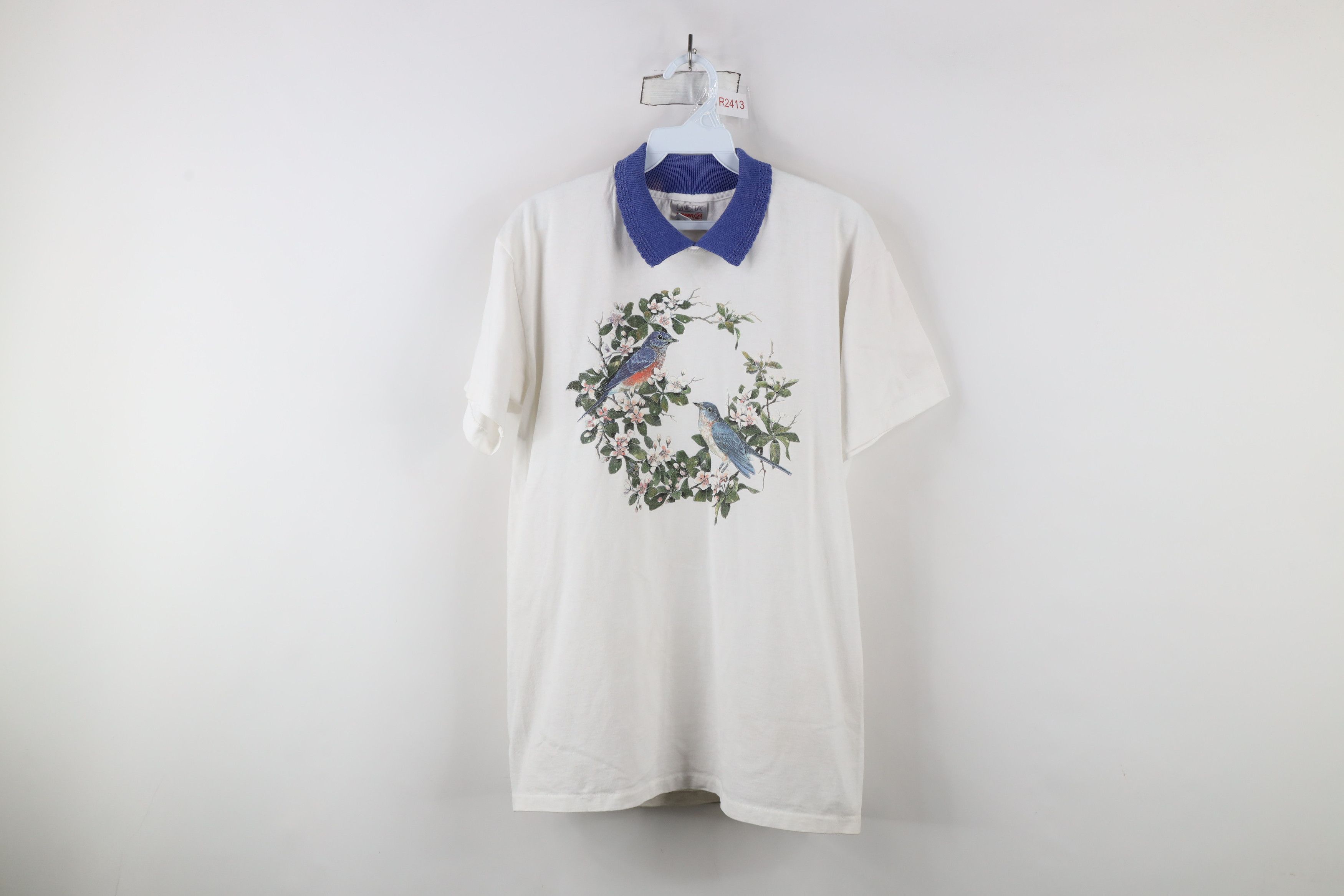 Vintage Vintage 90s Streetwear Bird Flower Collared T-Shirt White Size M / US 6-8 / IT 42-44 - 1 Thumbnail