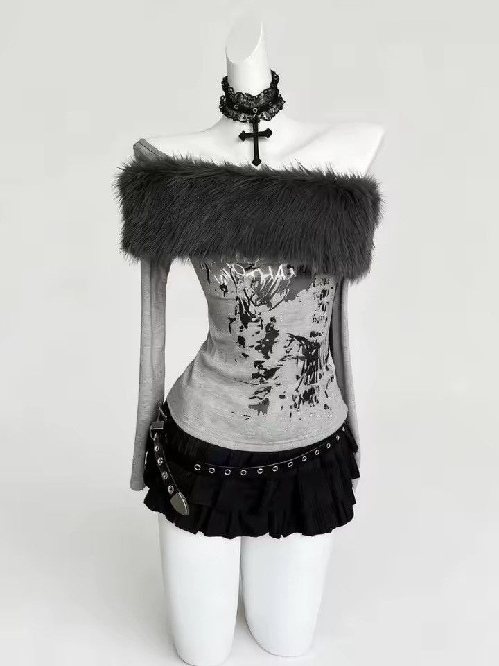 Vintage Y2k Off Shoulder Fur Vintage Style Top Size XL / US 12-14 / IT 48-50 - 1 Thumbnail