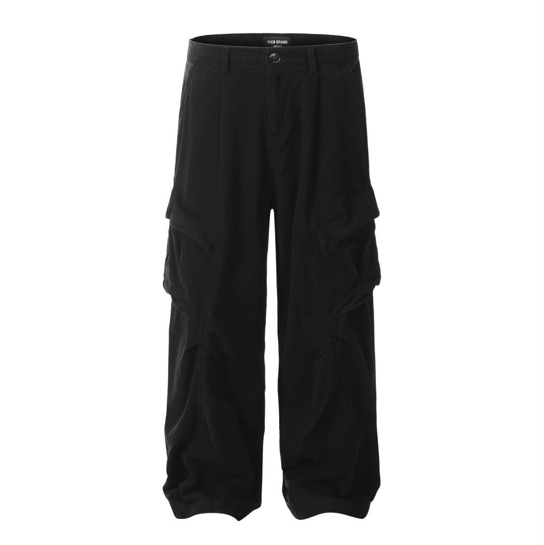 image of Cotton Cargo Pants Multi-Pocket Casual Wide-Leg Pants in Black, Men's (Size 30)