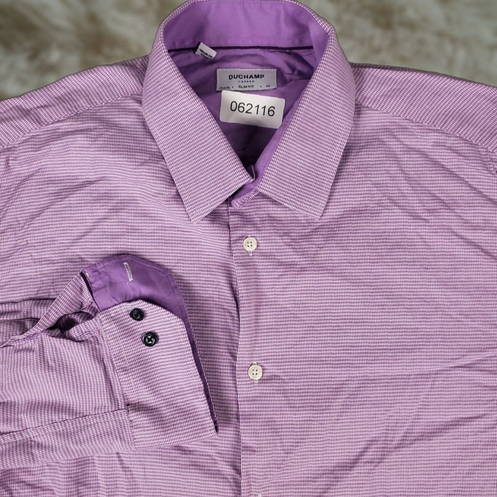 Vintage Duchamp London Dress Shirt Mens XL Slim Fit Purple Check Cotton Formal Button Up Collar Size 46R - 1 Thumbnail