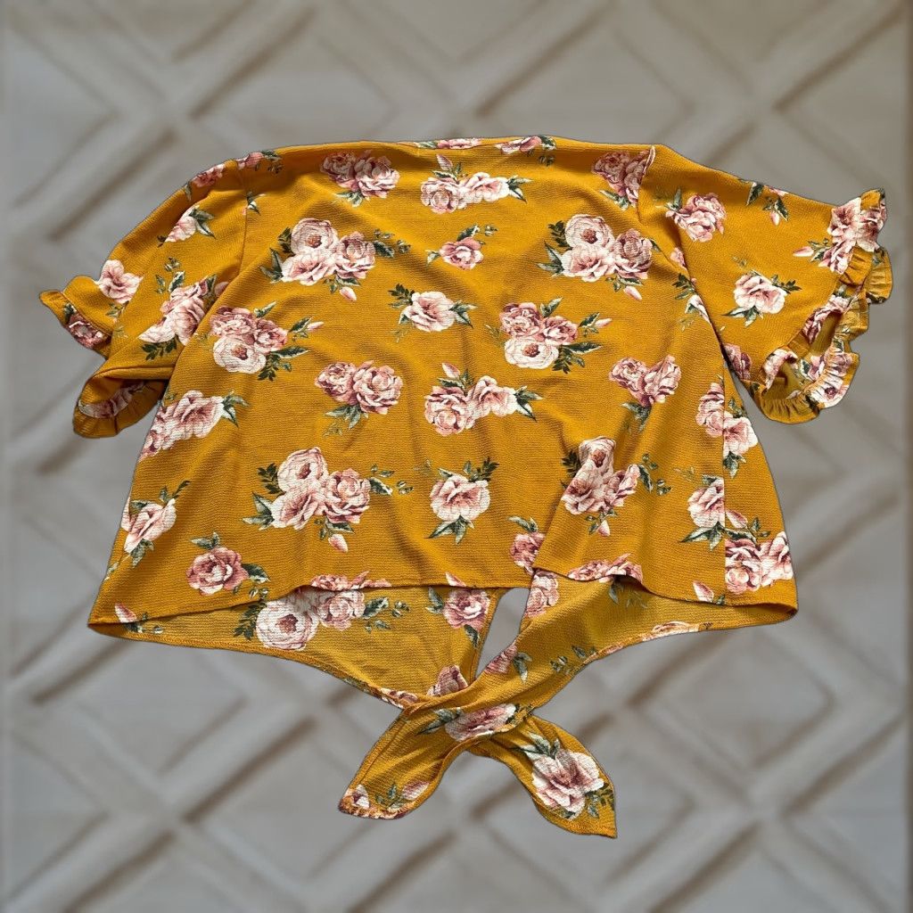 Almost Famous Almost & Famous Blouse Womens 3XL Mustard Floral Front Tie Short Sleeve Casual Size XXL / US 16-18 / IT 52-54 - 1 Thumbnail
