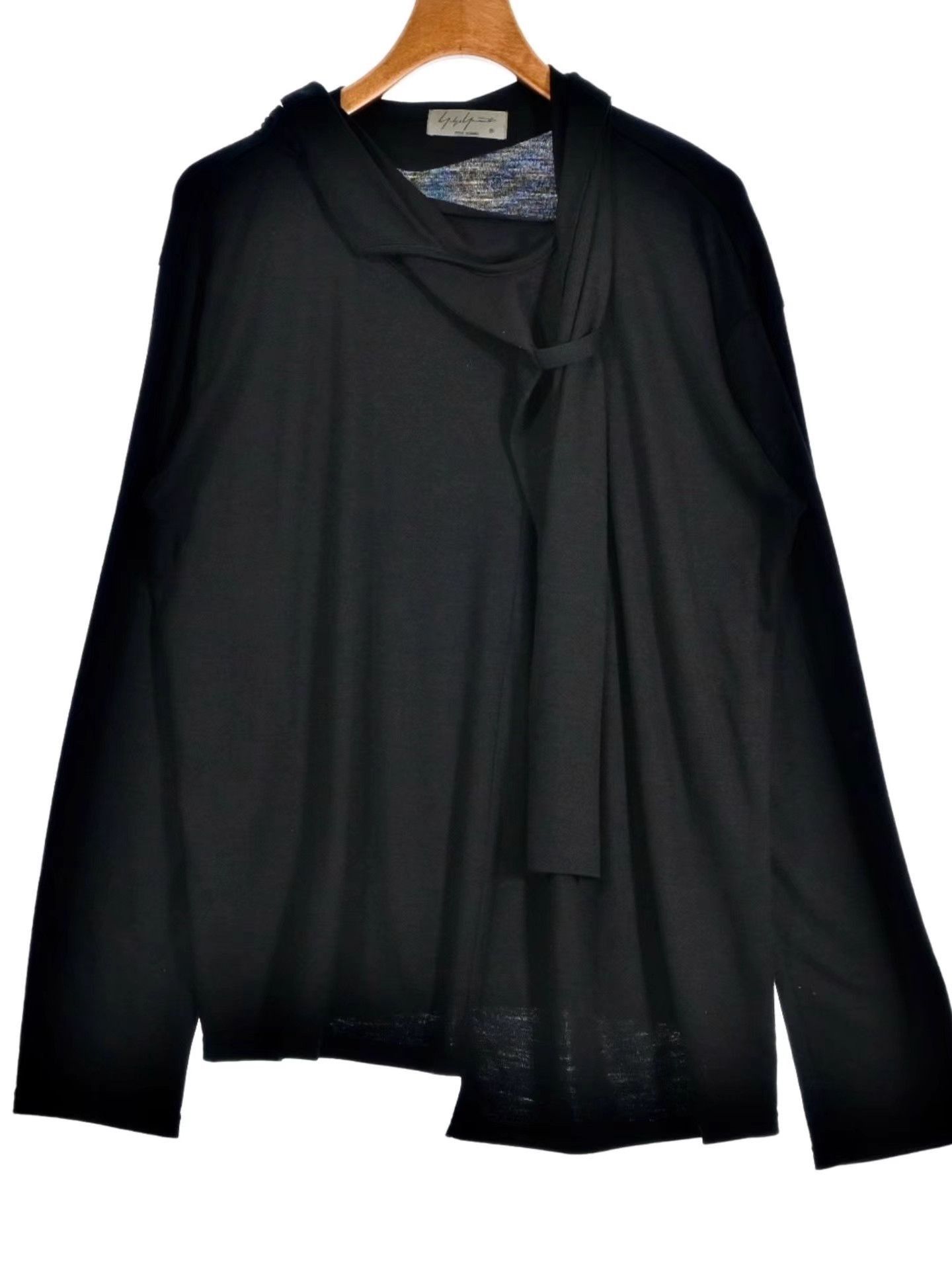Yohji Yamamoto Black Long Sleeve Shirt with Asymmetric Tie Detail Size US L / EU 52-54 / 3 - 1 Thumbnail