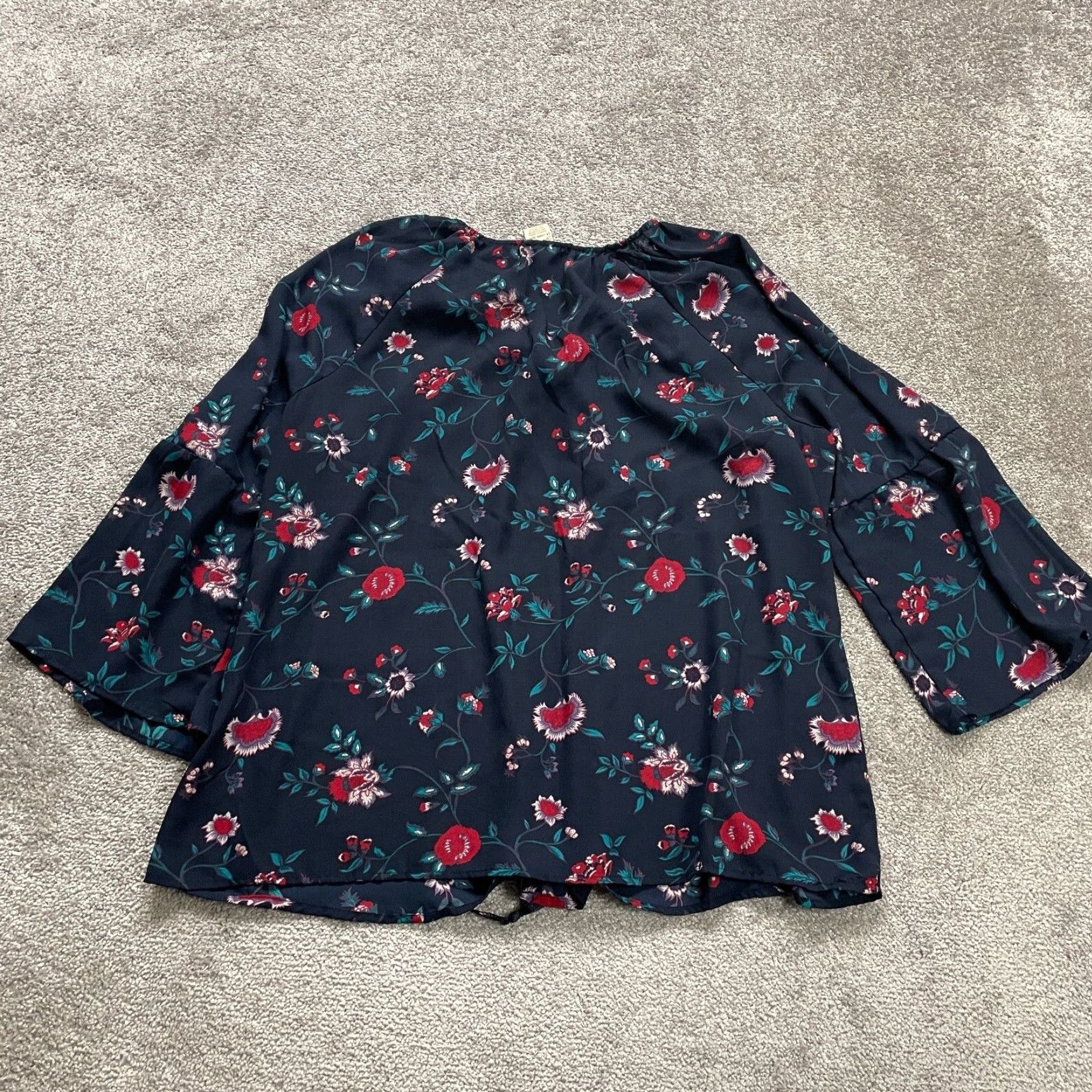 Faded Glory Faded Glory Tunic Blouse 2XL Navy Blue Floral Tasseled Long Sleeve Casual Womens Size XXL / US 16-18 / IT 52-54 - 2 Thumbnail