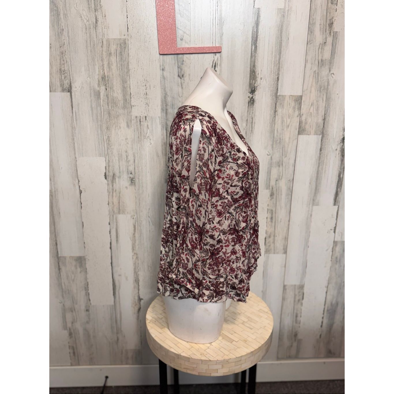 Lucky Brand Lucky Brand Boho Floral Peasant Top | Burgundy Cream Sheer Flowy Blouse – Size Large Size L / US 10 / IT 46 - 4 Thumbnail