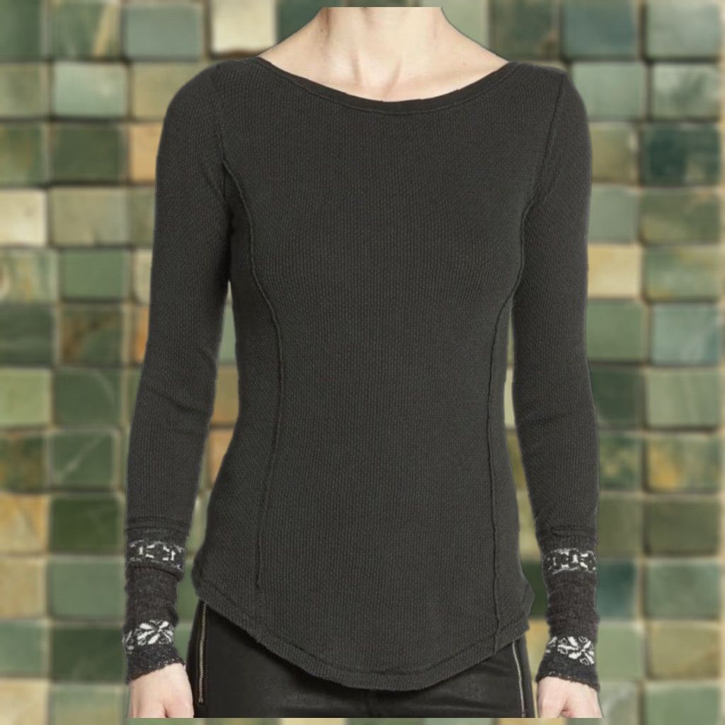 Free People Free People Thermal Waffle Weave Top Black Knit Contrast Cuffs Women S T-Shirt Short Description: Pre-owned Boho Ladies Size S Size S / US 4 / IT 40 - 1 Thumbnail