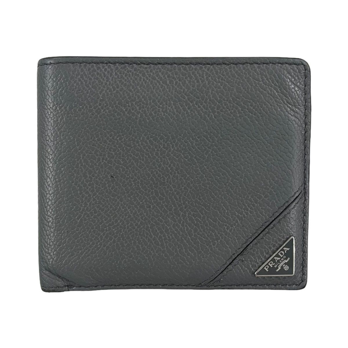 image of Prada Corner Logo Leather Bifold Wallet in Grey, Men's