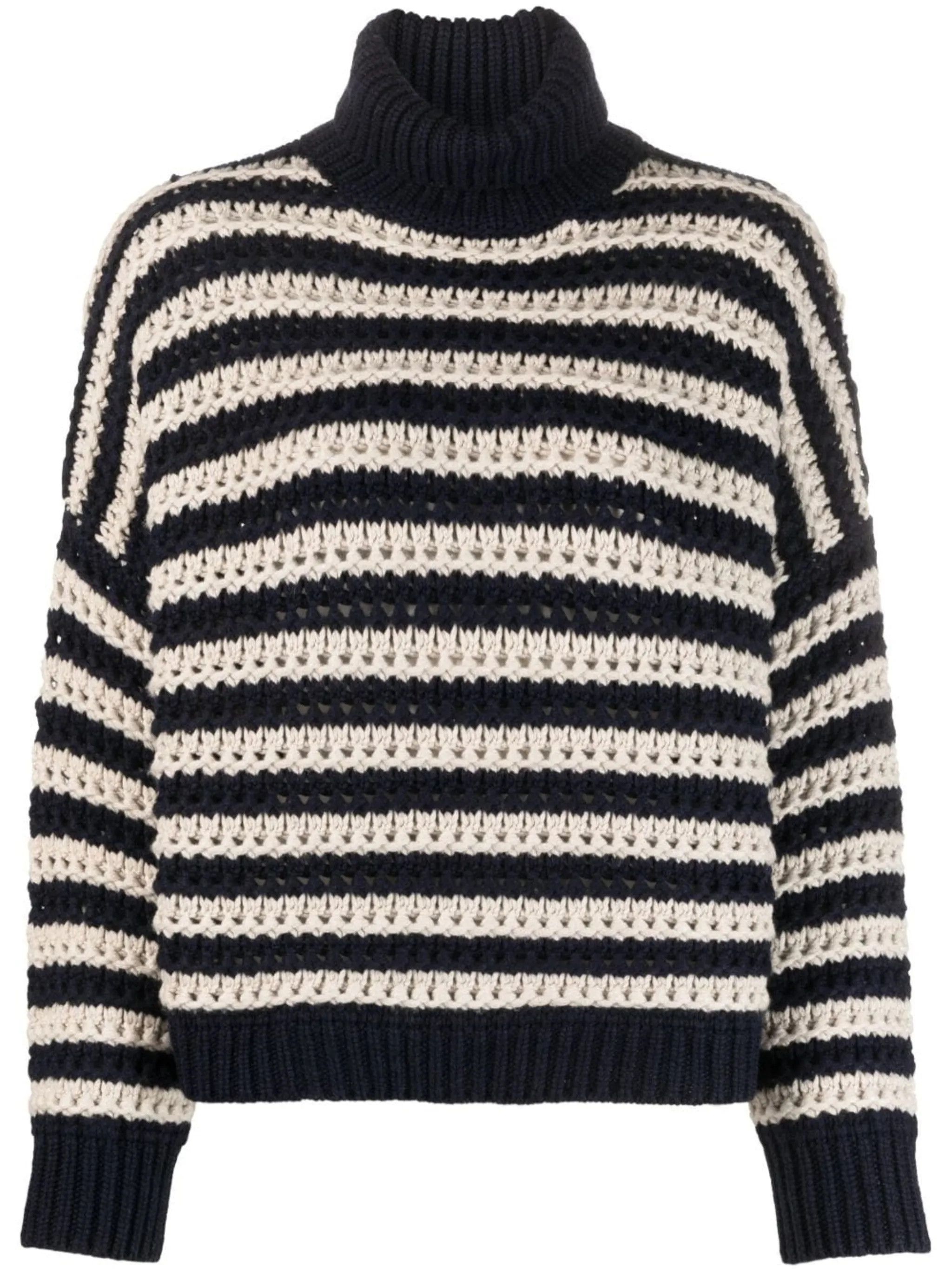 Brunello Cucinelli o1y0825 Turtleneck Sweater in Navy Blue/White Size S / US 4 / IT 40 - 1 Thumbnail