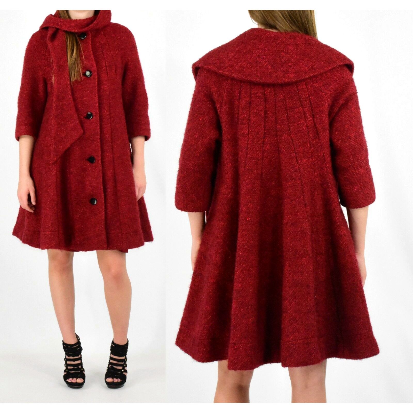 image of 50S Vintage Red Textured Wool Swing Coat Wrap Neck Womens S 6 8 in White (Size Small)