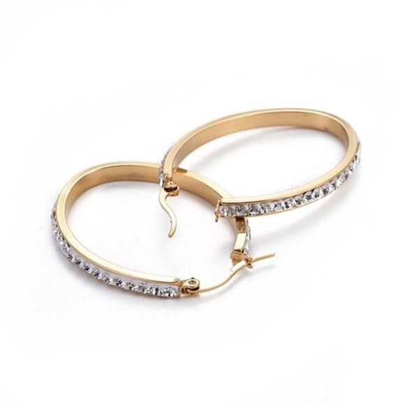 Other Gold Rhinestone Hoop Earrings Stainless Steel Hoops 43x30mm Size ONE SIZE - 2 Thumbnail