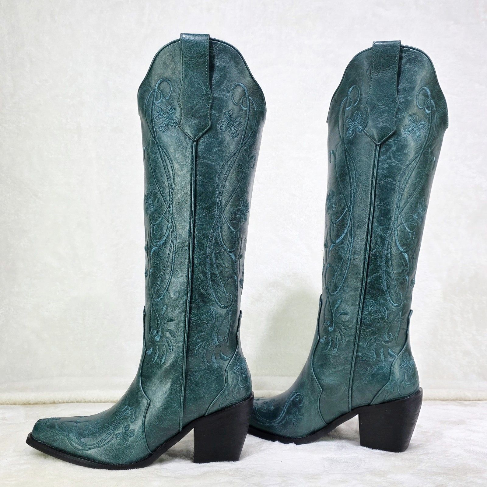 Other Loretta Embroidery Country Western Cowgirl Knee Boots Teal G Size US 7.5 / IT 37.5 - 1 Thumbnail