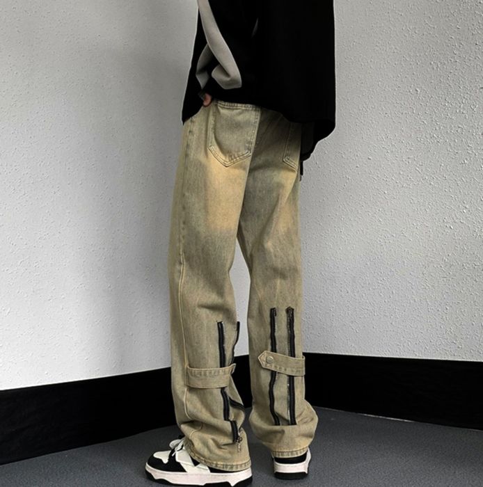 Vintage Punk Grunge Washed Zippers Decorated Straight Pants Unique ...