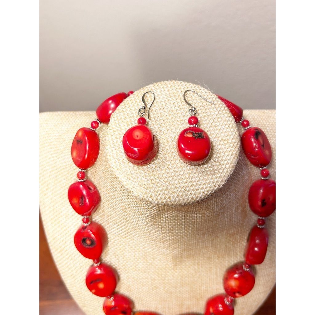 Other Vintage Chunky Red Coral Oval Beaded Necklace/Earring Set Size ONE SIZE - 4 Thumbnail