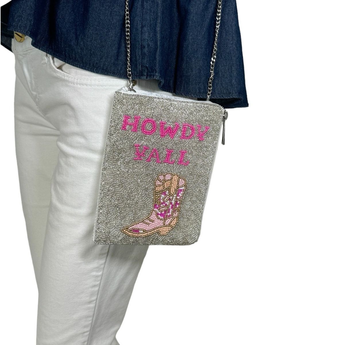 Handmade HOWDY YALL Cowboy Boots Seed Beaded Crossbody Bag Phone bag Size ONE SIZE - 2 Thumbnail