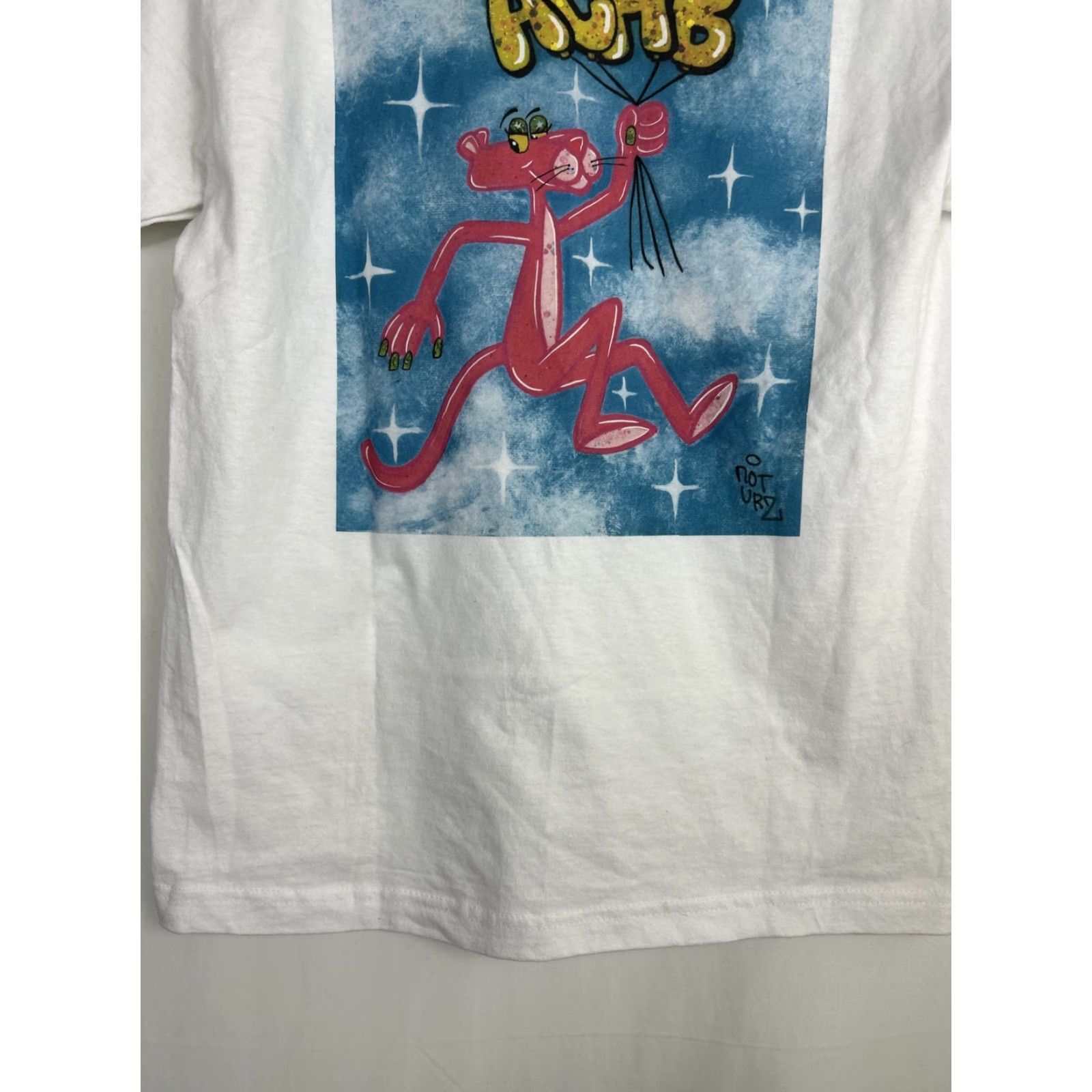 Pinko Not Urs Men’s M White SS T-Shirt - Pink Panther Not Urs Graffiti Funny Short Sleeve Shirt, Old English, 21” Chest, 29” Length, 7” Sleeves, Vintage? Size US M / EU 48-50 / 2 - 7 Thumbnail