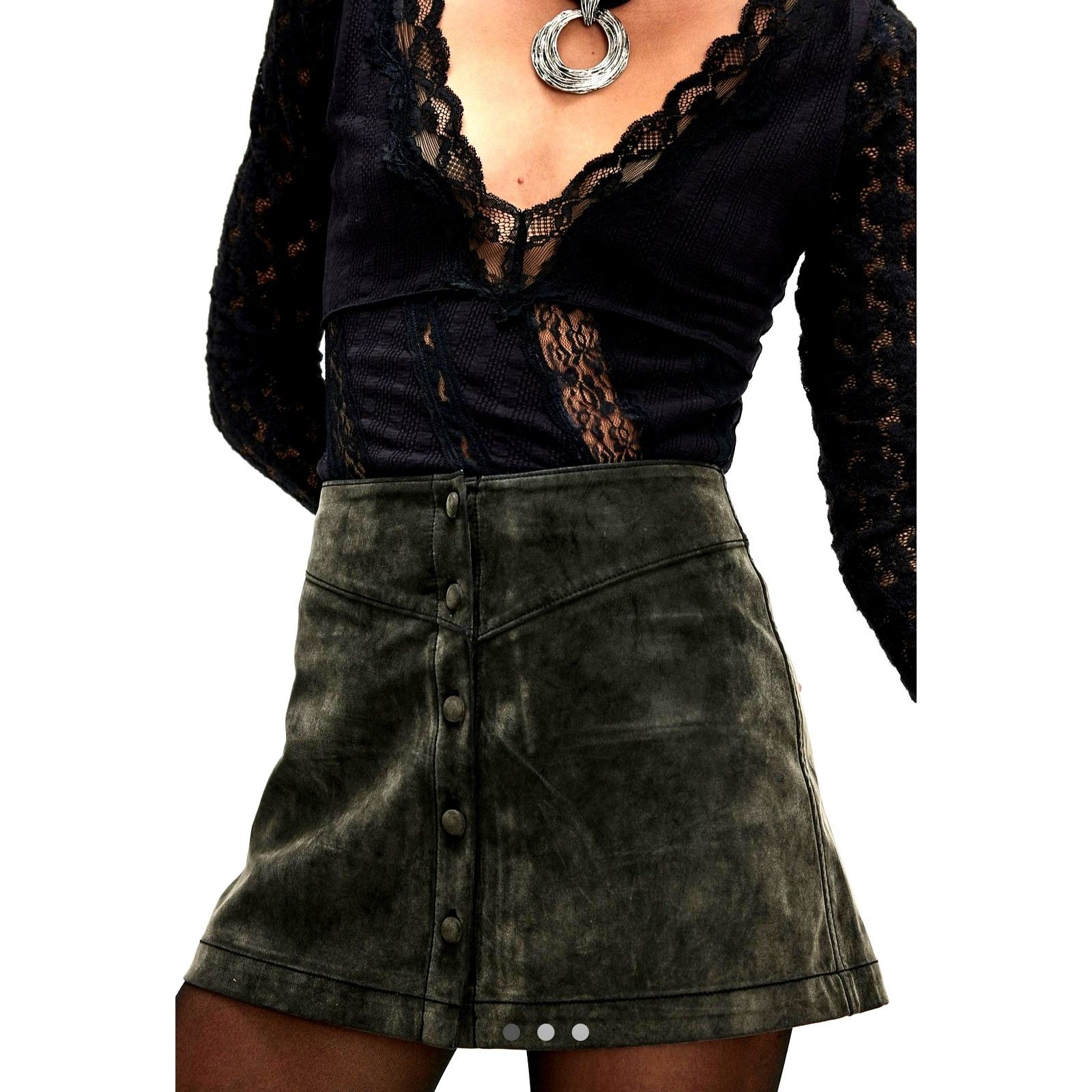 Free People Free People After Party Suede Mini Skirt Button Black 14 Size 33" - 2 Thumbnail